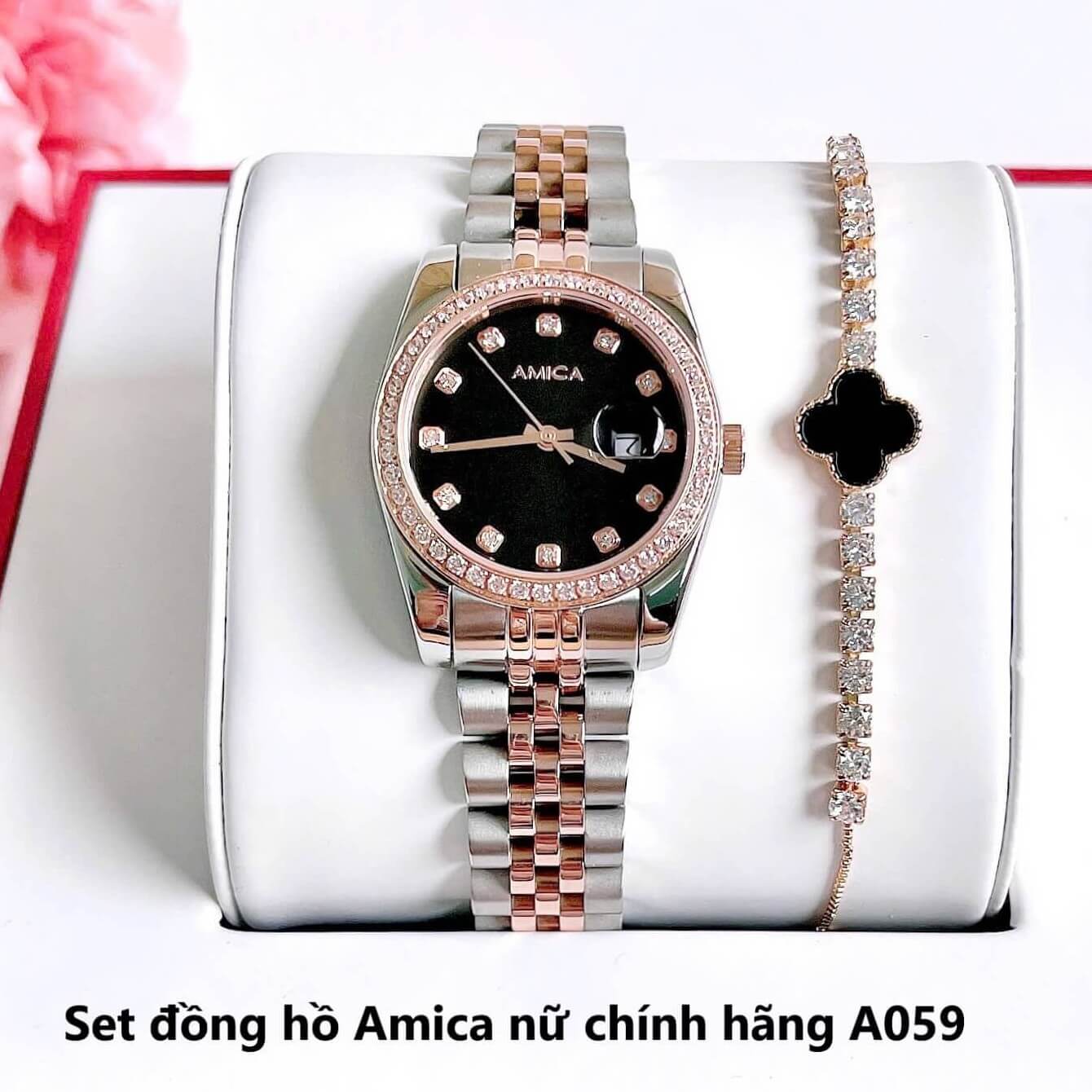 Set đồng hồ nữ Amica chính hãng màu demi vàng hồng mặt đen size 32mm - Đồng hồ Amica A059