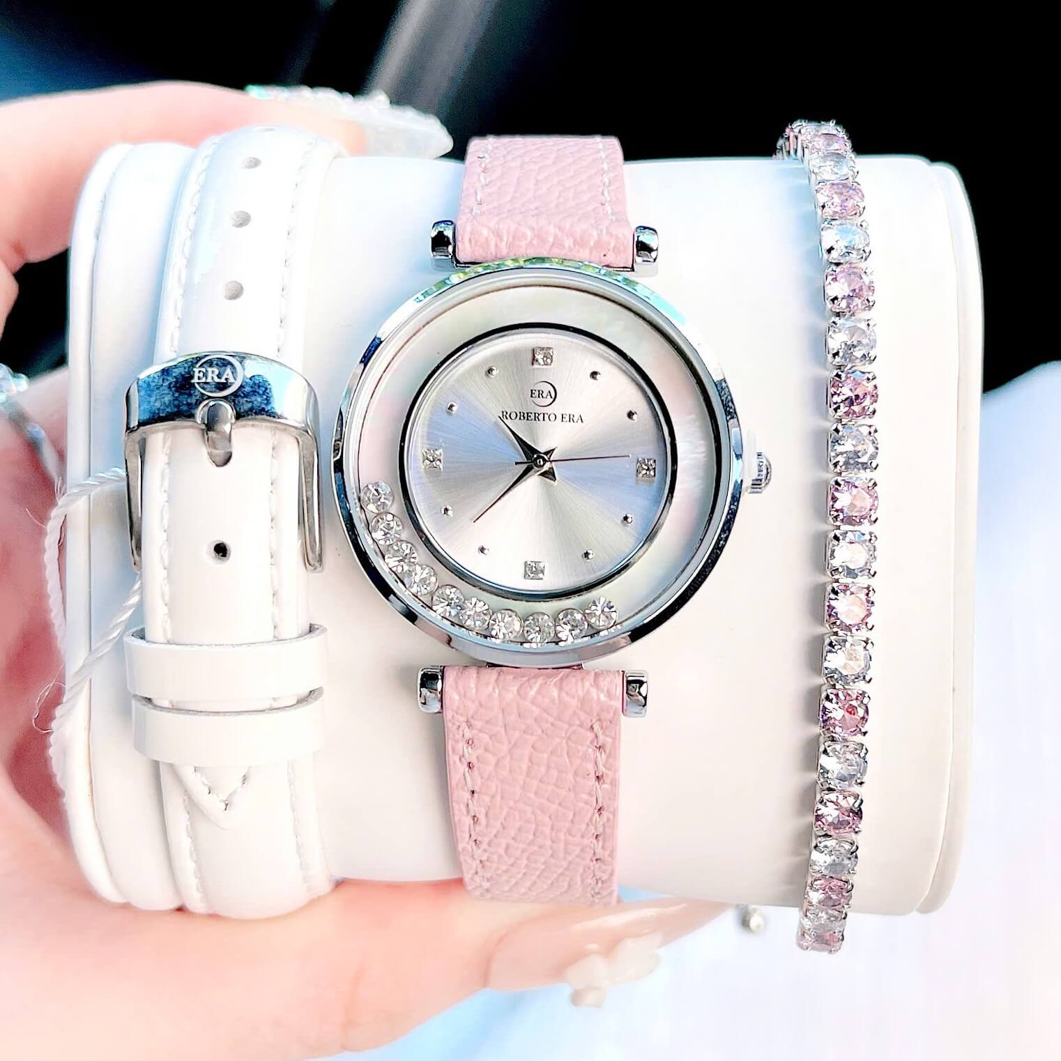 Set đồng hồ nữ chính hãng Roberto Era RE0841 dây da trắng vỏ silver size 32mm, kèm bộ dây da hồng và phụ kiện