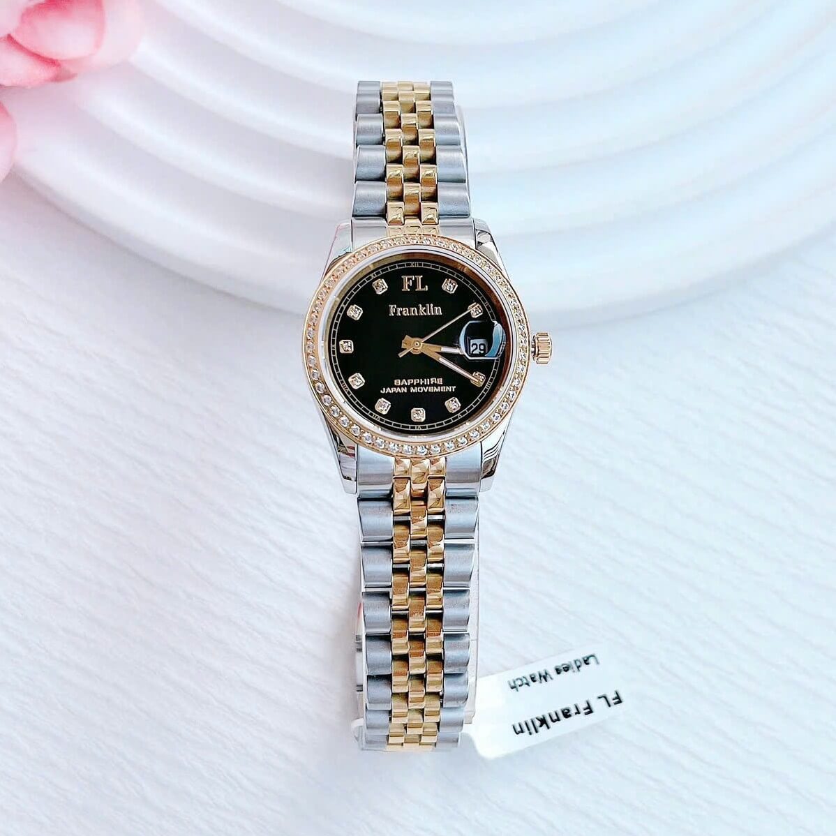 Set Đồng Hồ Nữ Franklin FL4412 Dây Thép Demi Vàng Gold Mặt Đen Size 28mm Quartz Tặng Kèm Vòng Tay