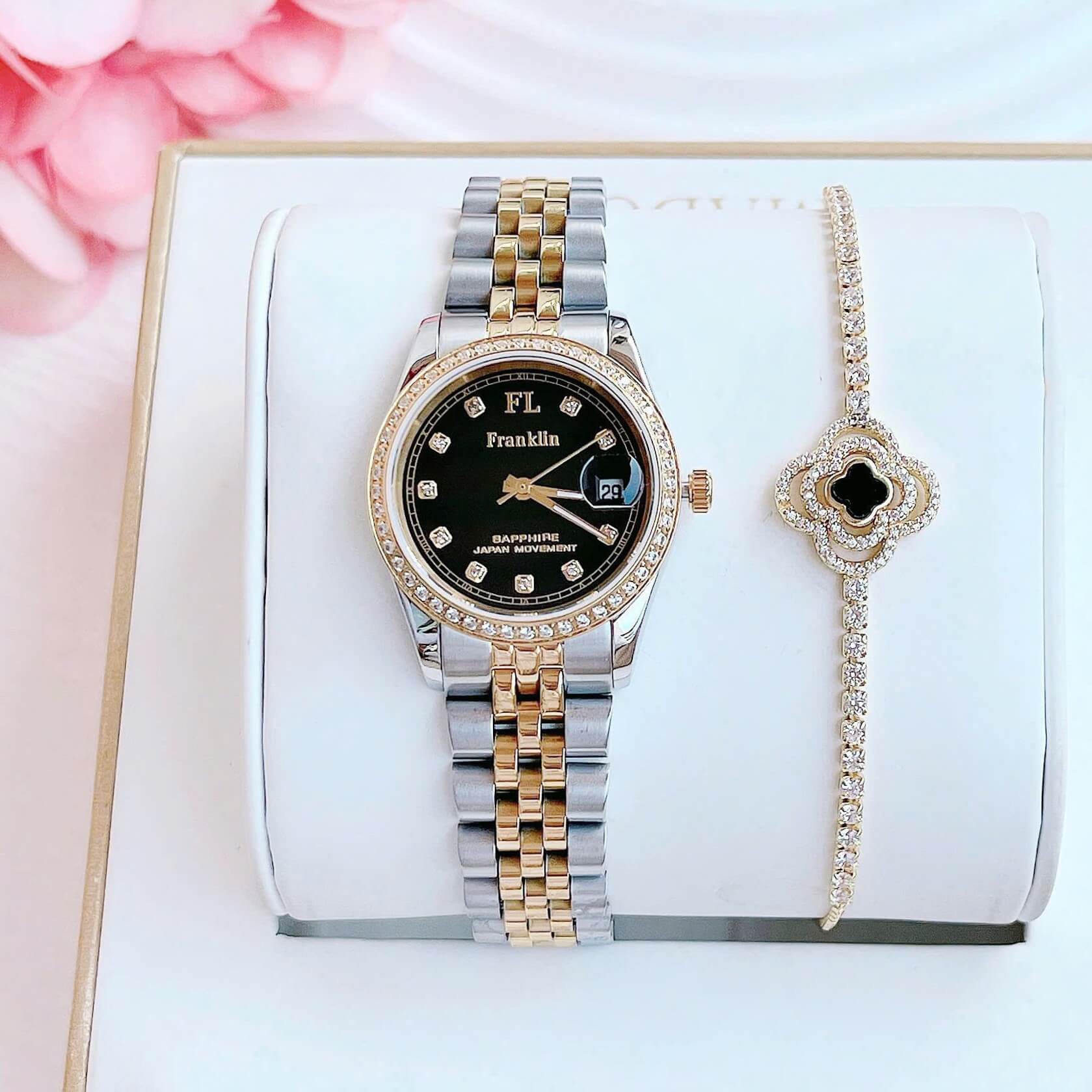 Set Đồng Hồ Nữ Franklin FL4412 Dây Thép Demi Vàng Gold Mặt Đen Size 28mm Quartz Tặng Kèm Vòng Tay