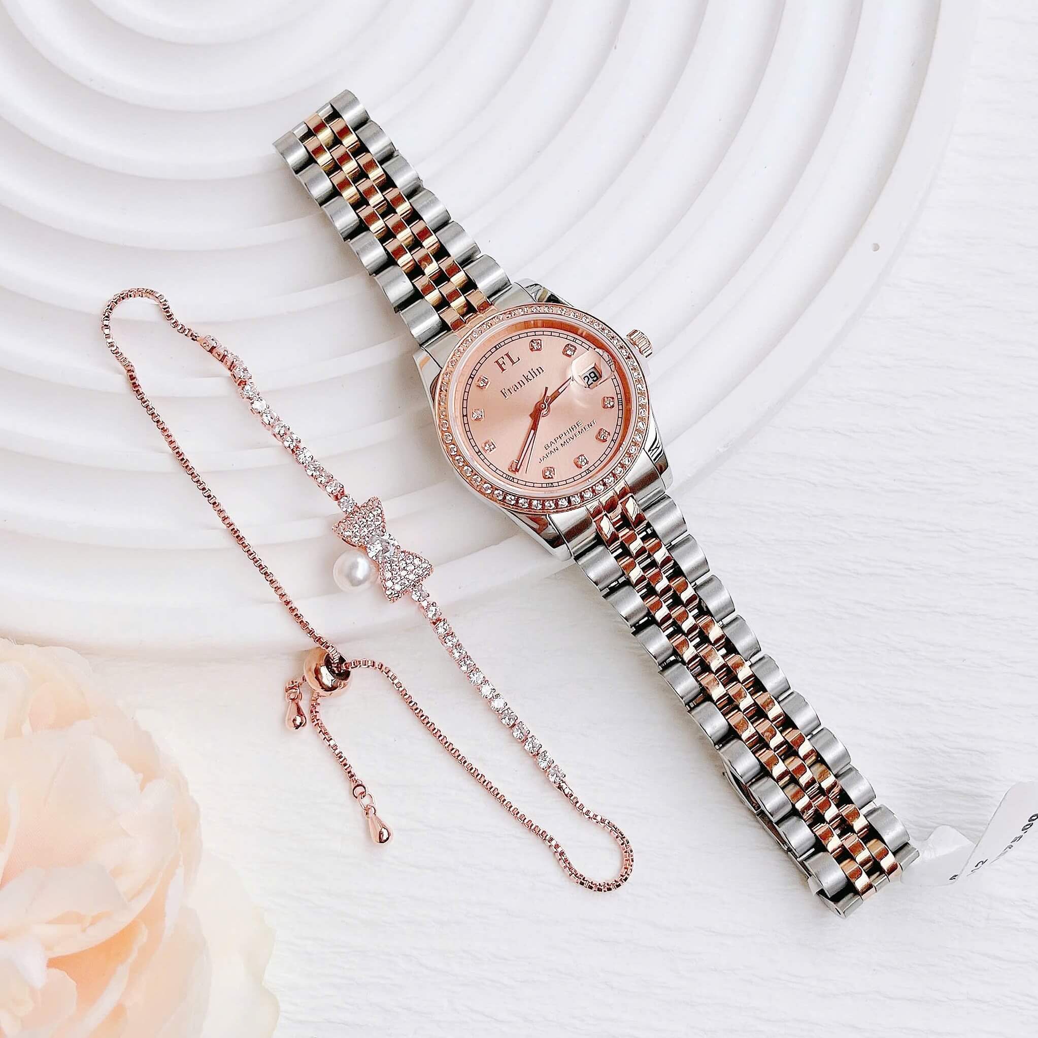 Set Đồng Hồ Nữ Franklin FL4412 Dây Thép Demi Vàng Hồng Size 28mm Quartz Tặng Kèm Vòng Tay