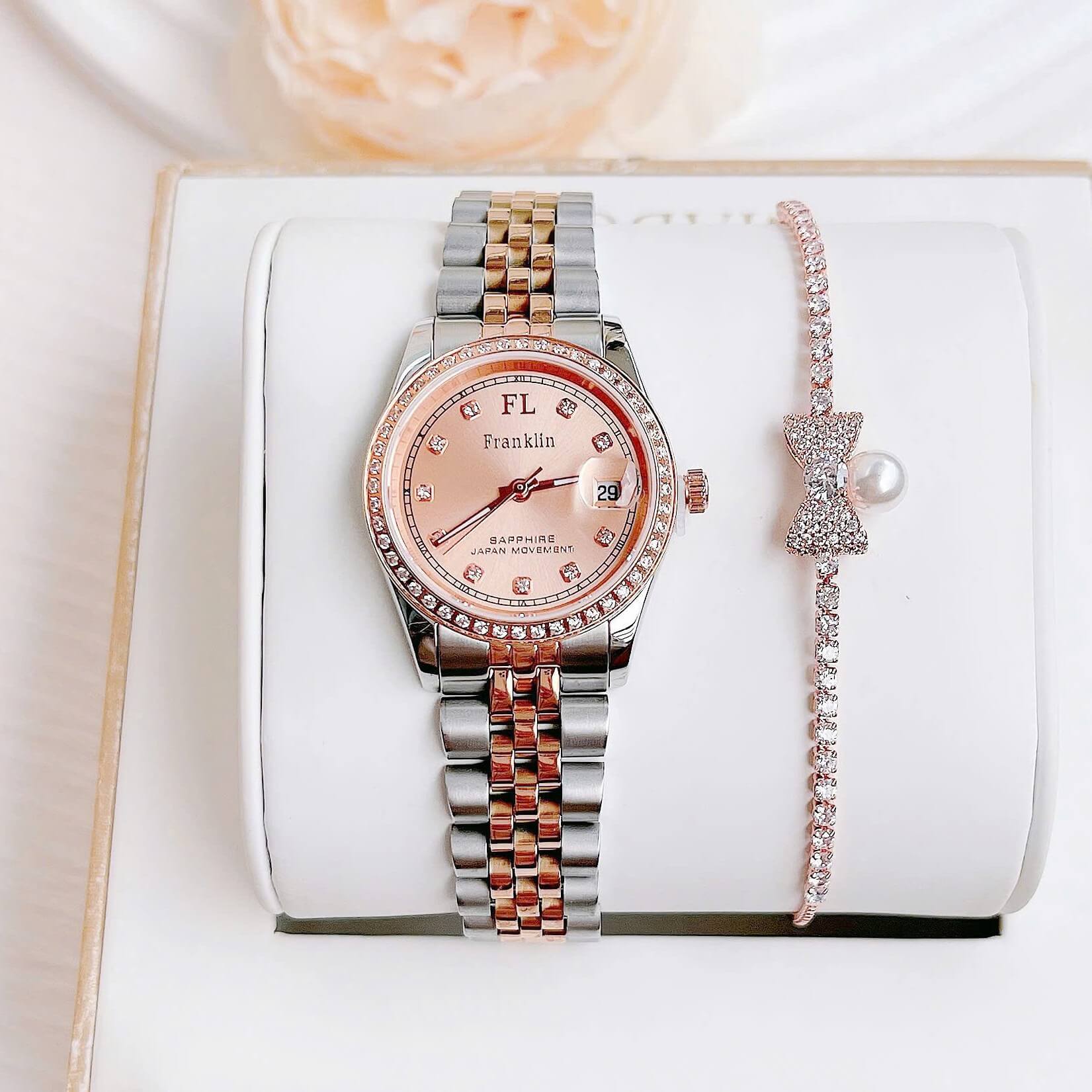 Set Đồng Hồ Nữ Franklin FL4412 Dây Thép Demi Vàng Hồng Size 28mm Quartz Tặng Kèm Vòng Tay
