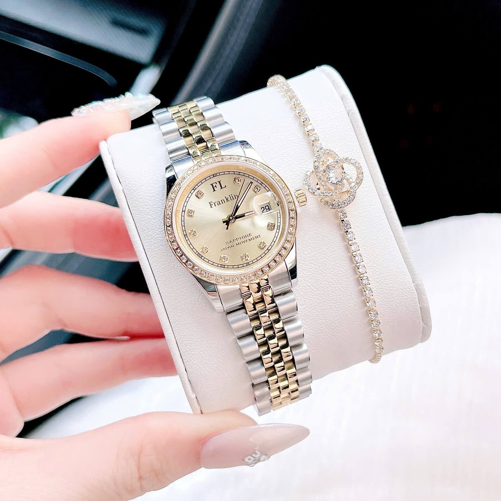 Set Đồng Hồ Nữ Franklin FL4412 Dây Thép Demi Vàng Size 28mm Quartz Tặng Kèm Vòng Tay