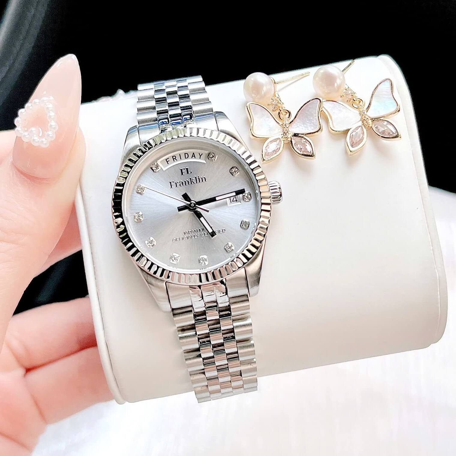 Set Đồng Hồ Nữ Franklin FL5088 Chính Hãng Màu Bạc Mặt Trắng Size 31mm Quartz Kèm Bông Tai