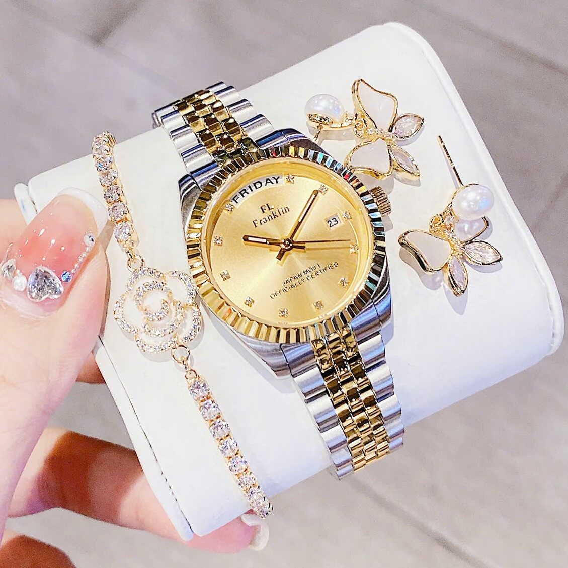 Set Đồng Hồ Nữ Franklin FL5088 Chính Hãng Màu Demi Vàng Gold Size 31mm Quartz Kèm Bông Tai