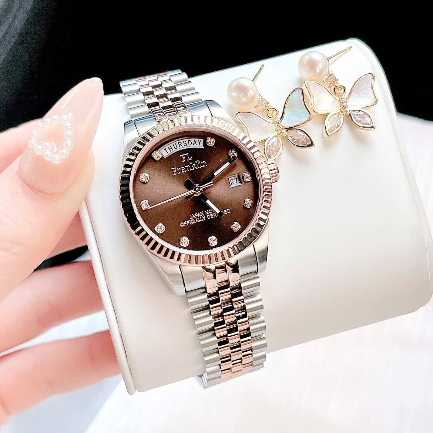 Set Đồng Hồ Nữ Franklin FL5088 Chính Hãng Màu Demi Vàng Hồng Mặt Nâu Size 31mm Quartz Kèm Bông Tai