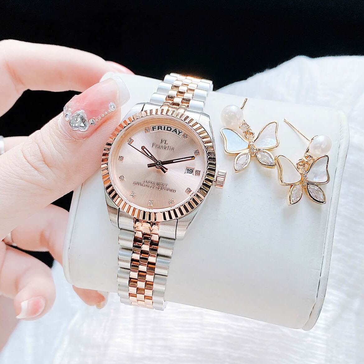 Set Đồng Hồ Nữ Franklin FL5088 Chính Hãng Màu Demi Vàng Hồng Size 31mm Quartz Kèm Bông Tai