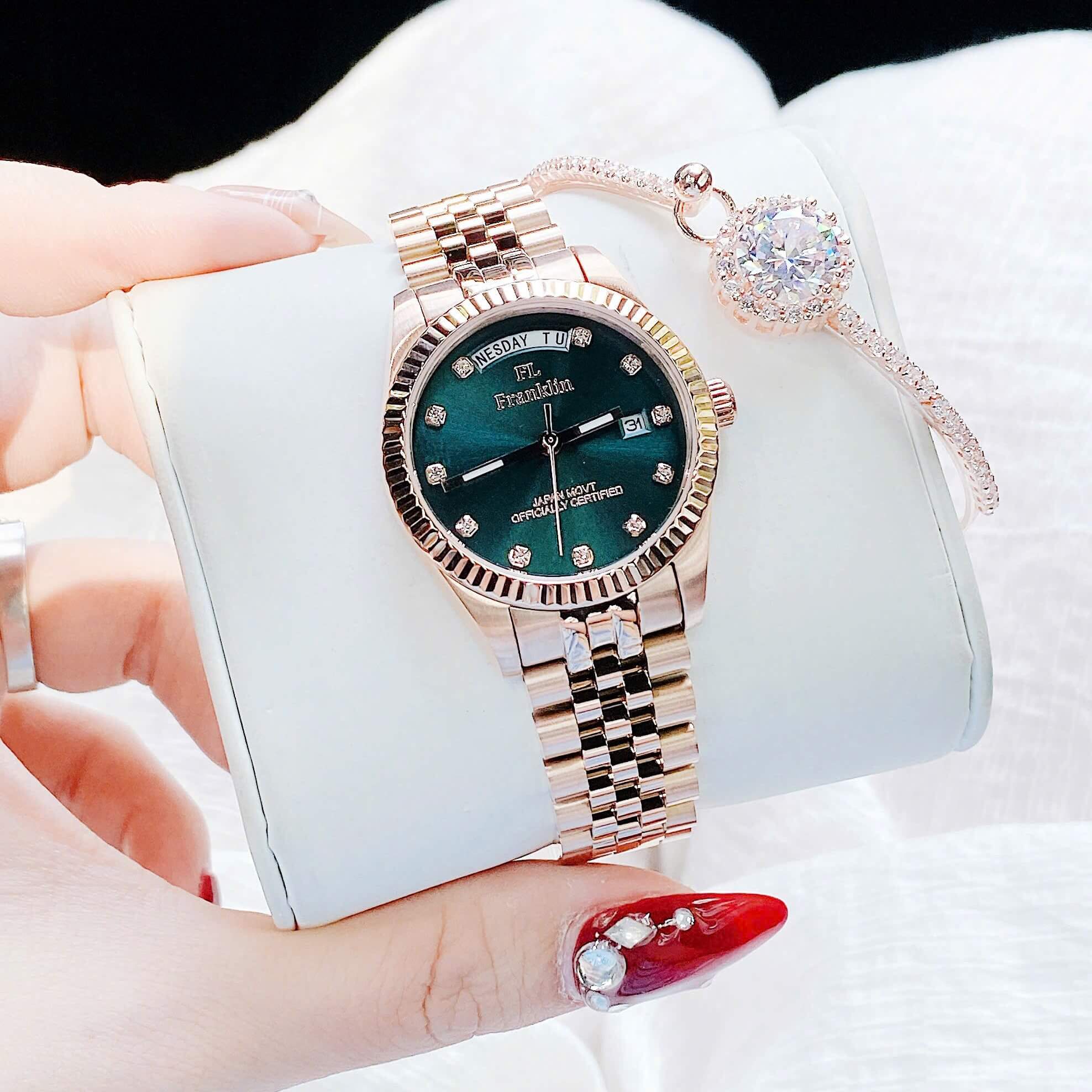 Set Đồng Hồ Nữ Franklin FL5088 Chính Hãng Màu Vàng Hồng Mặt Xanh Size 31mm Quartz Kèm Bông Tai Và Lắc Tay