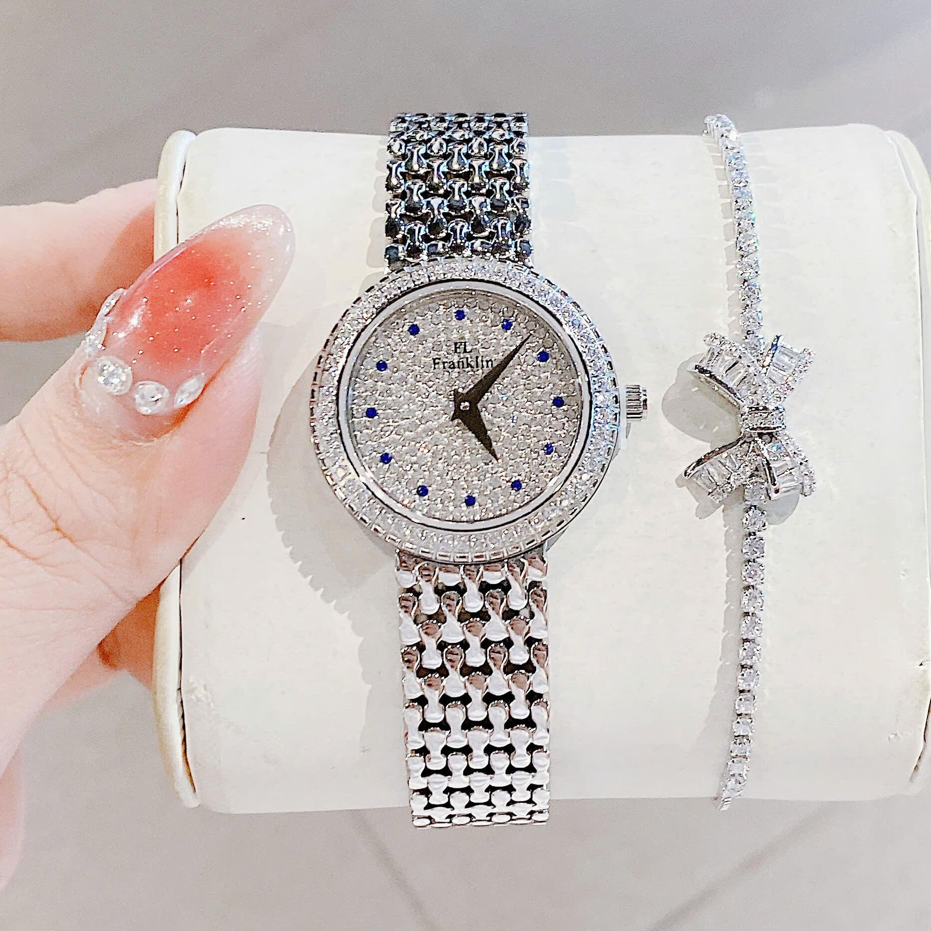 Set Đồng Hồ Nữ Franklin FL5688 Chính Hãng Dây Thép Silver Mặt Đính Đá Size 29mm Quartz Tặng Kèm Vòng Tay