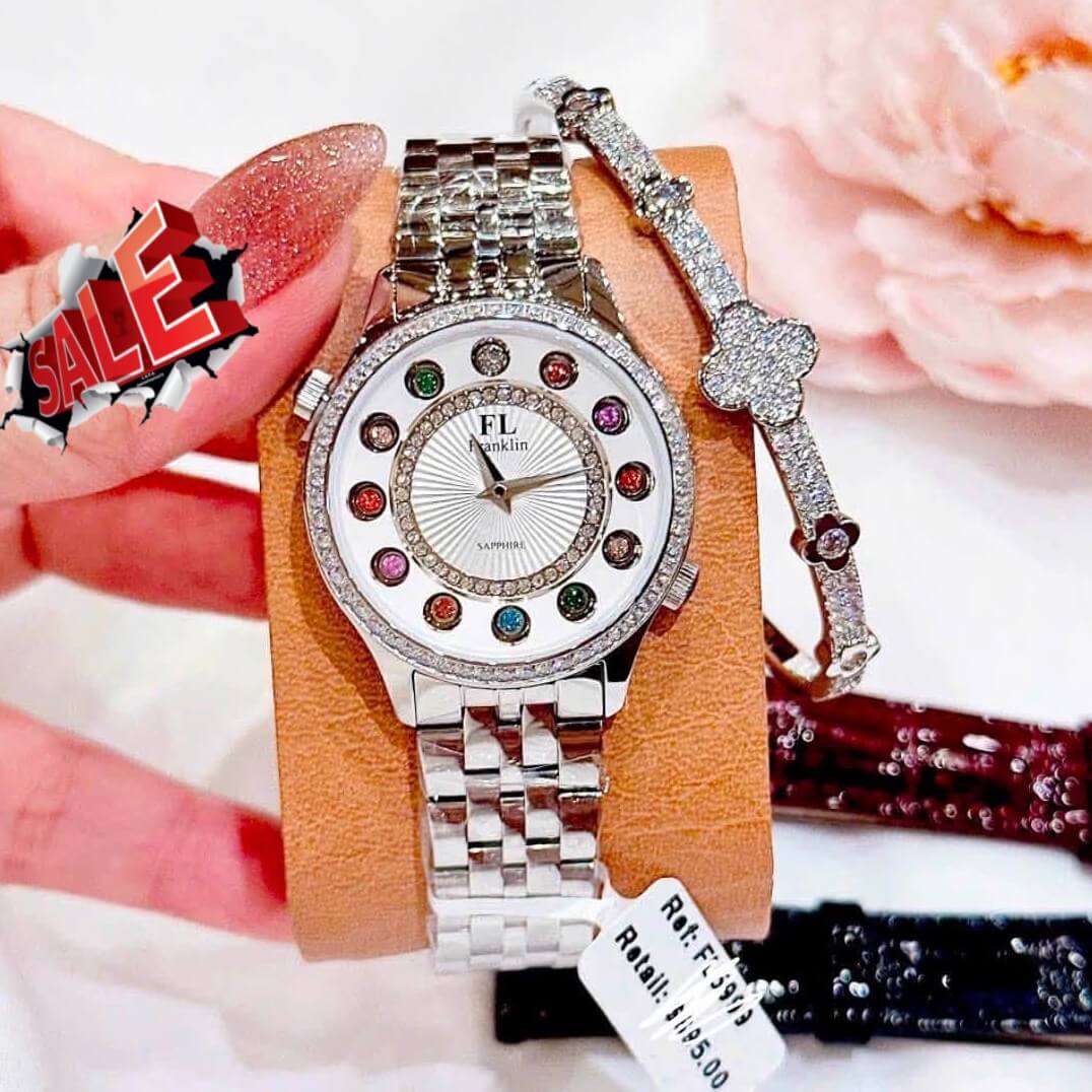 Set Đồng Hồ Nữ Franklin FL5999 Dây Thép Bạc Mặt 12 Viên Đá Chuyển Màu Size 33mm Kèm Vòng Tay