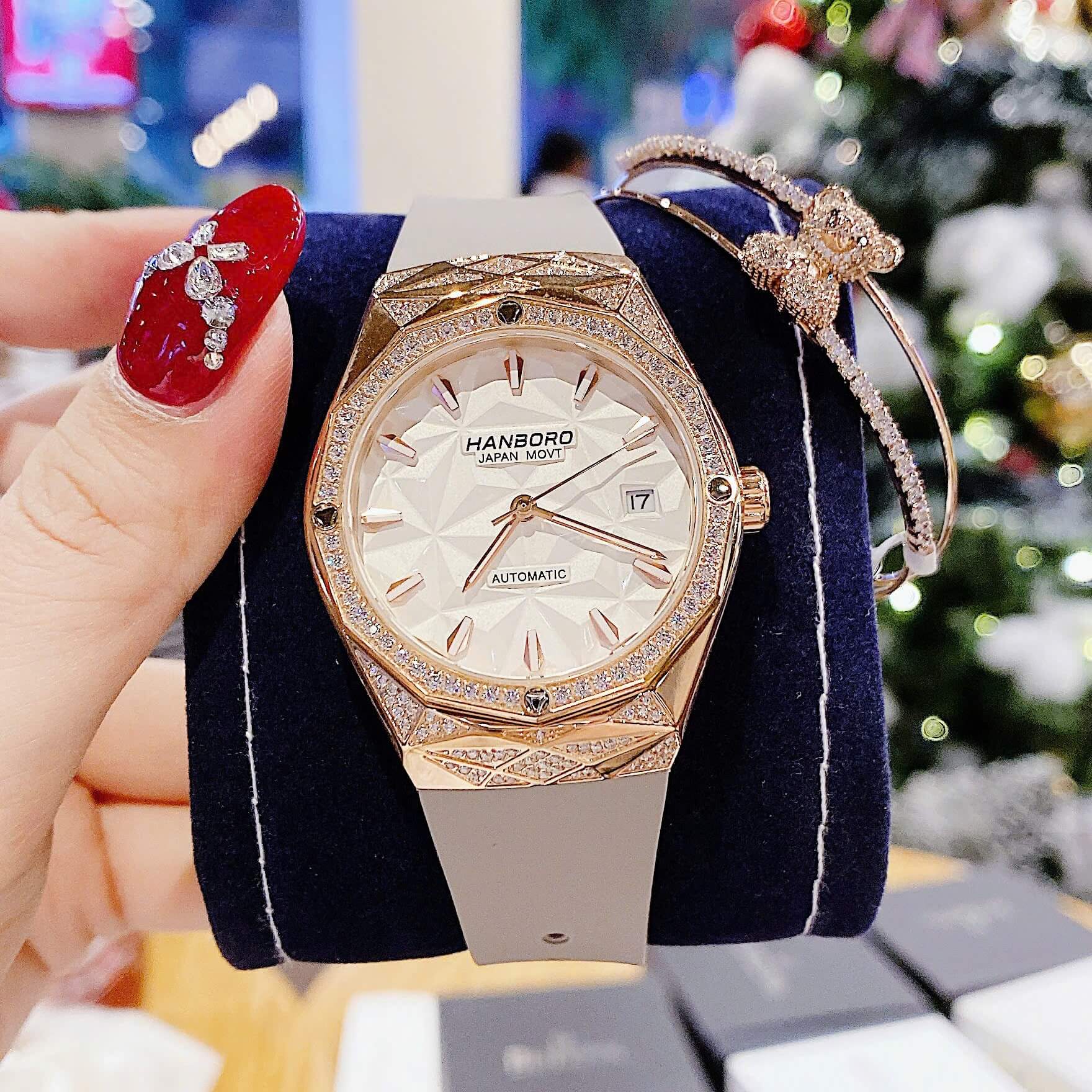 Set Đồng Hồ Nữ Hanboro Automatic Dây Cao Su Xám Grey Vỏ Vàng Hồng Size 36mm Viền Đá Tặng Kèm Vòng Tay