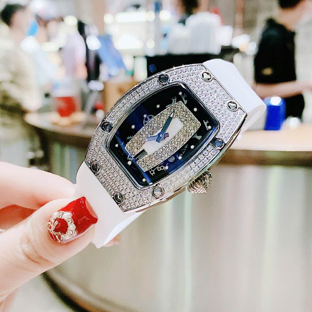 Set Đồng Hồ Nữ Hanboro Dây Cao Su Trắng Chính Hãng Đính Đá Silver Size 31x44mm Quartz
