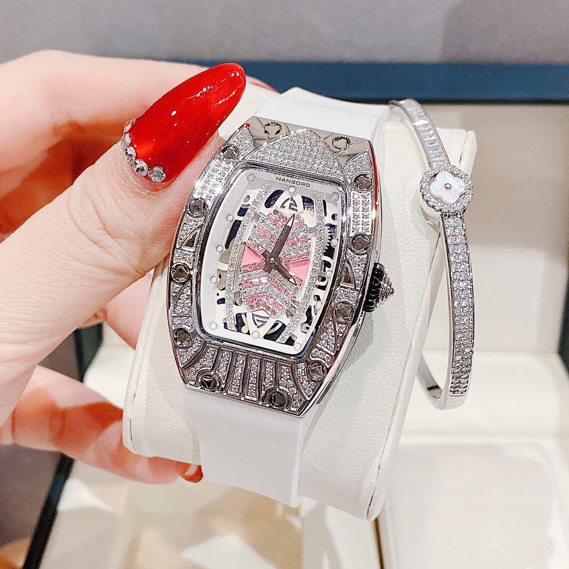 Set Đồng Hồ Nữ Hanboro Dây Cao Su Trắng Chính Hãng Đính Đá Silver Size 31x44mm Quartz Tặng Kèm Lắc Tay