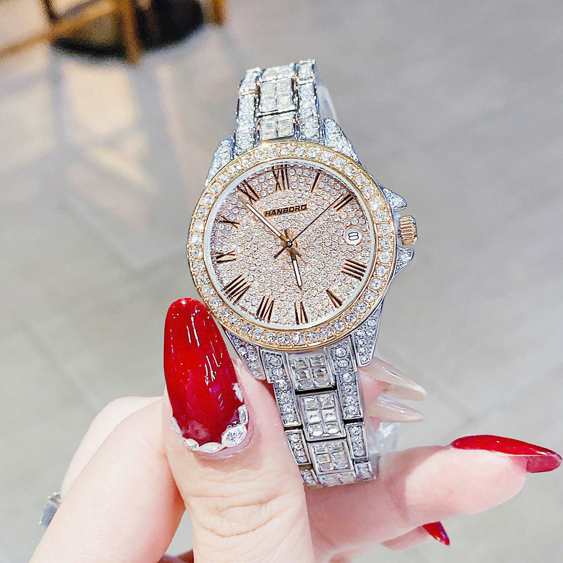 Set Đồng Hồ Nữ Hanboro Đính Đá Dây Thép Demi Rose Size 32mm Quartz HBR-386L Tặng Kèm Vòng Tay