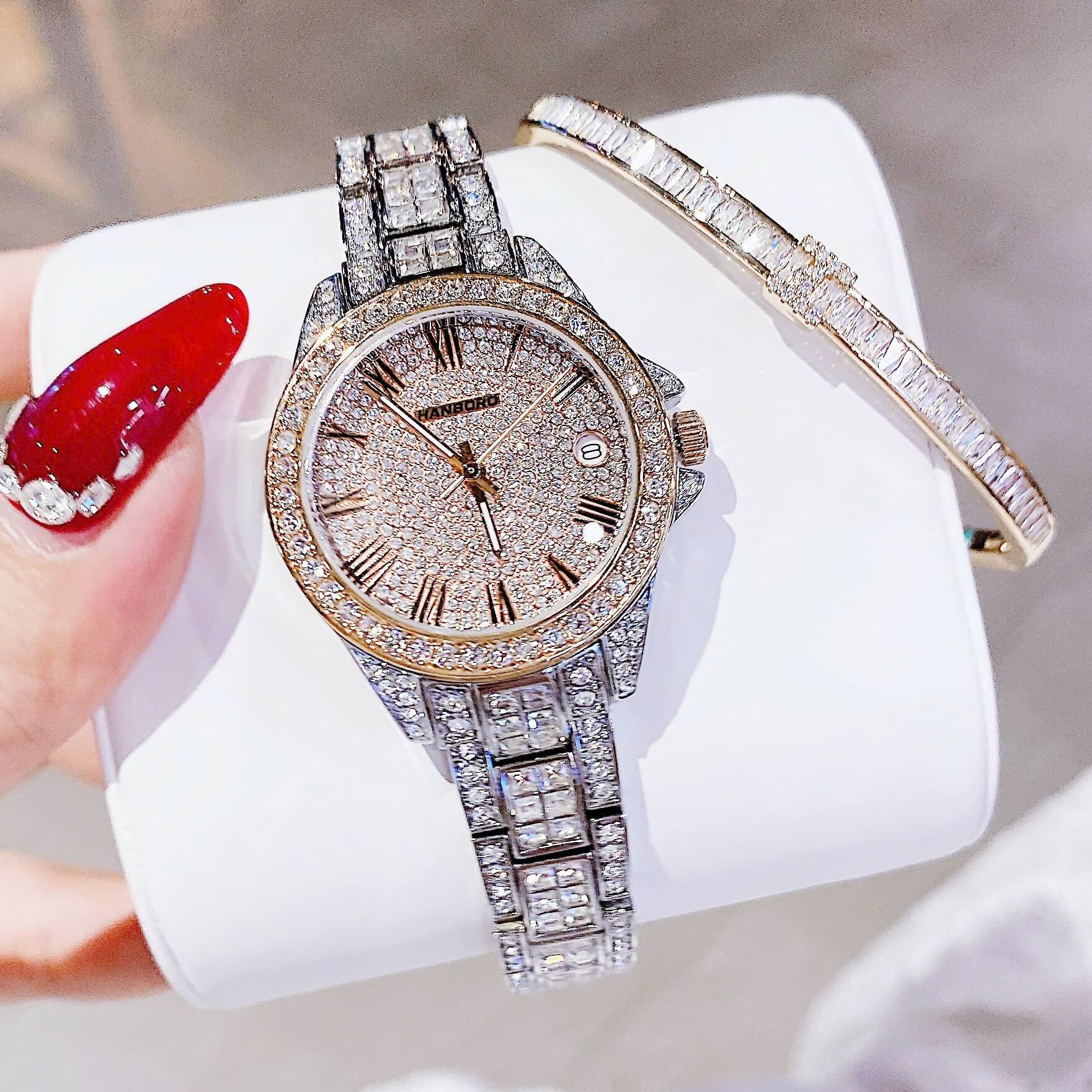 Set Đồng Hồ Nữ Hanboro Đính Đá Dây Thép Demi Rose Size 32mm Quartz HBR-386L Tặng Kèm Vòng Tay