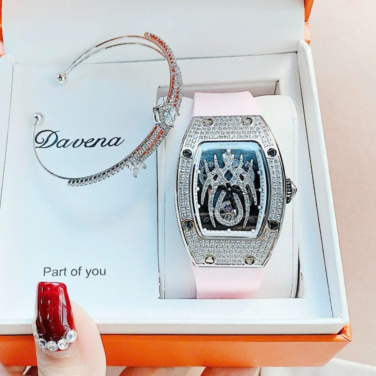 Set Đồng Hồ Nữ Hanboro Mặt Nhện Dây Cao Su Hồng Chính Hãng Đính Đá Silver Size 31x44mm Quartz Tặng Kèm Lắc Tay
