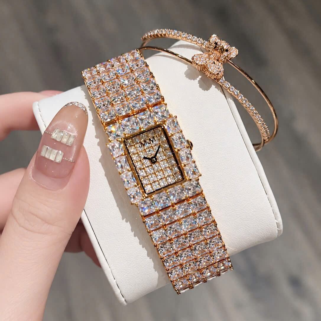 Set Đồng Hồ Nữ Jimi Jimi Dáng Vuông Đính Đá Vàng Hồng Size 21x27mm JM 86009 Tặng Kèm Vòng Tay