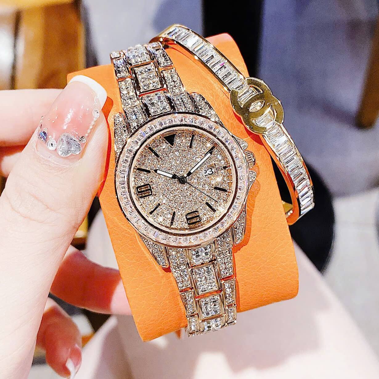 Set Đồng Hồ Nữ Jimi Jimi Đính Đá Vàng Hồng Size 32mm Quartz JM 86001 Tặng Kèm Vòng Tay