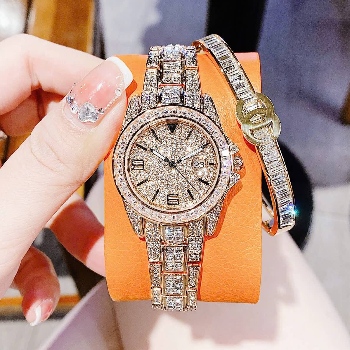 Set Đồng Hồ Nữ Jimi Jimi Đính Đá Vàng Hồng Size 32mm Quartz JM 86001 Tặng Kèm Vòng Tay