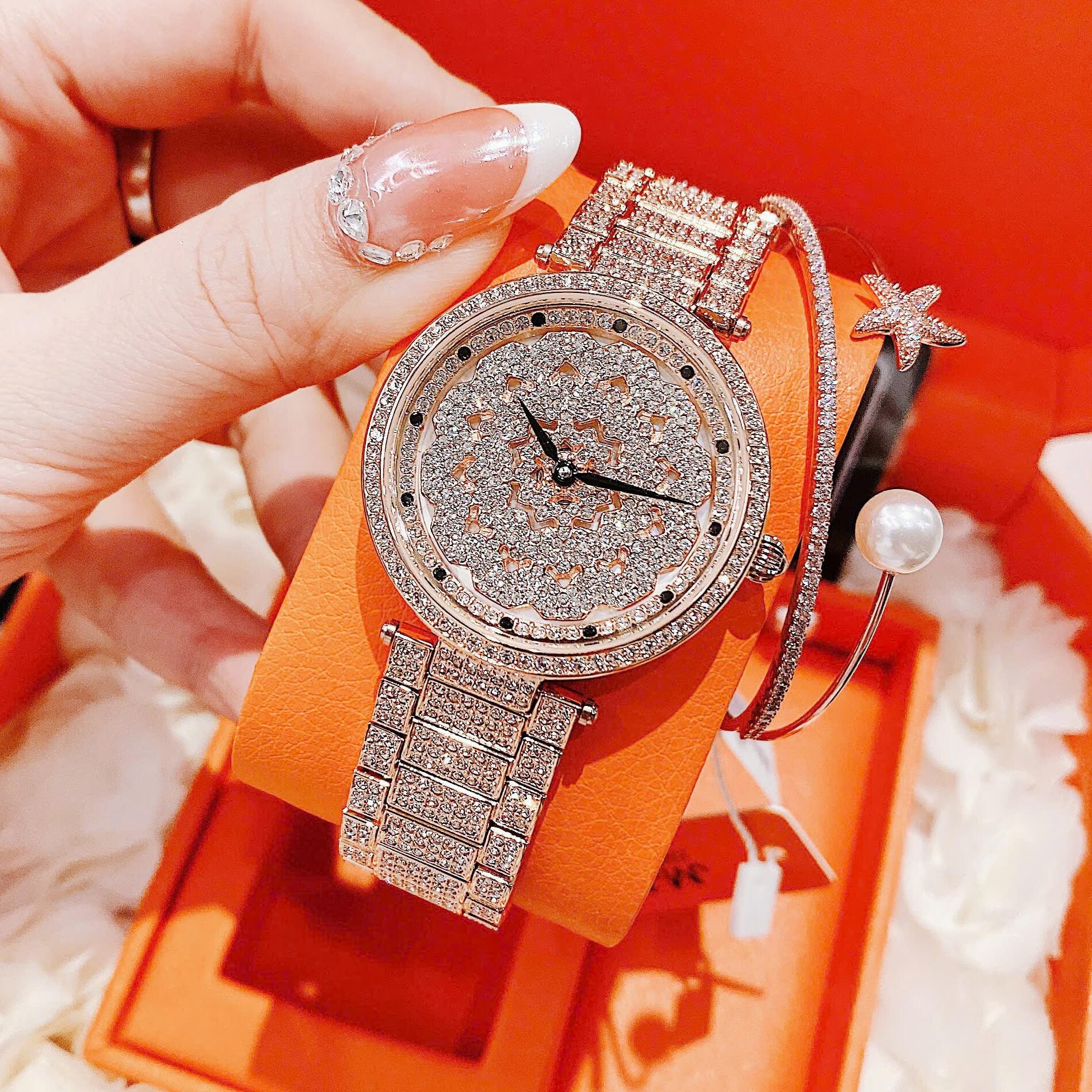 Set Đồng Hồ Nữ Jimi Jimi Mặt Hoa Xoay Đính Đá Vàng Hồng Sang Trọng Size 35mm JM 86003 Tặng Kèm Vòng Tay