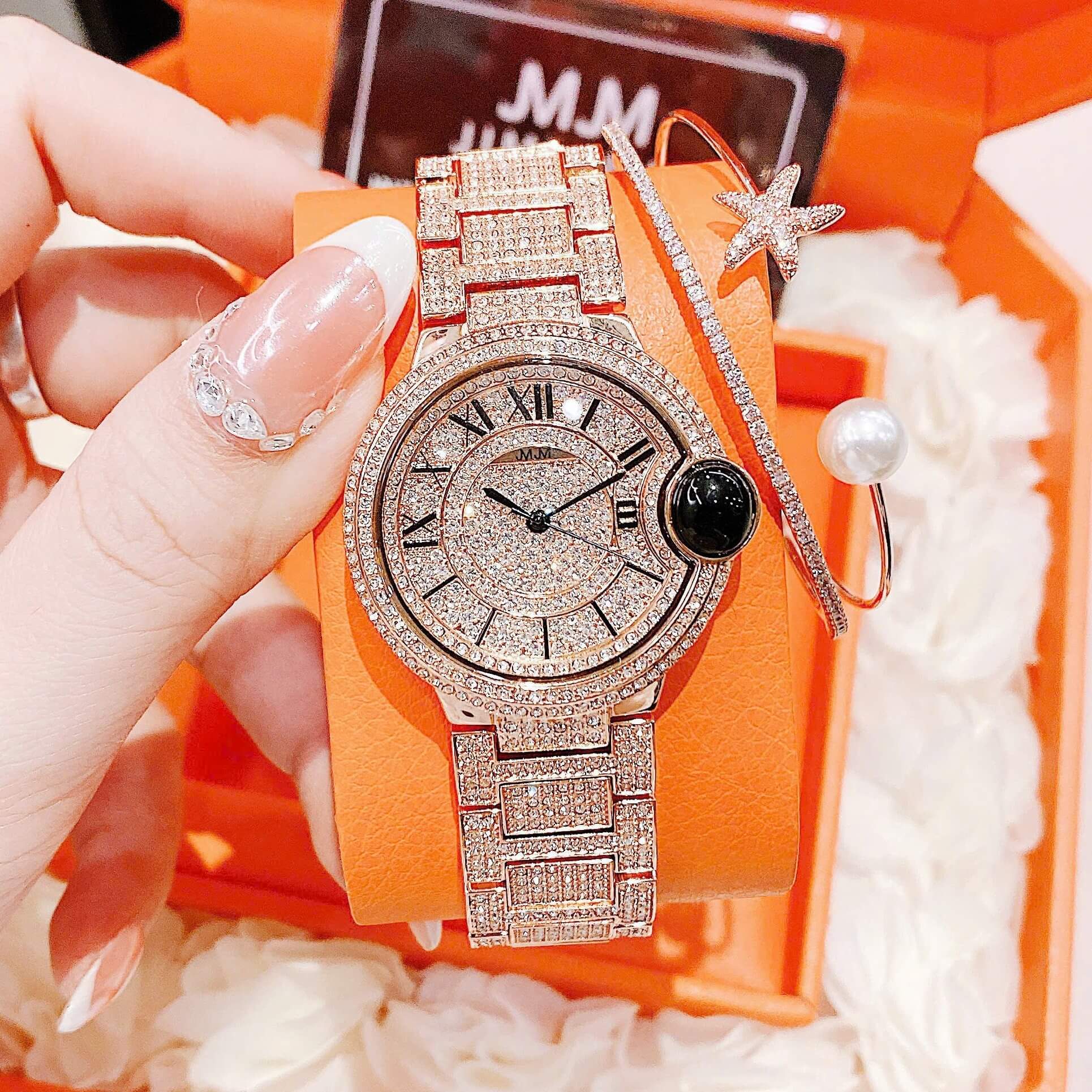 Set Đồng Hồ Nữ Jimi Jimi Mặt Số La Mã Dây Kim Loại Đính Đá Rose Size 36mm Máy Pin JM 86002 Tặng Kèm Vòng Tay