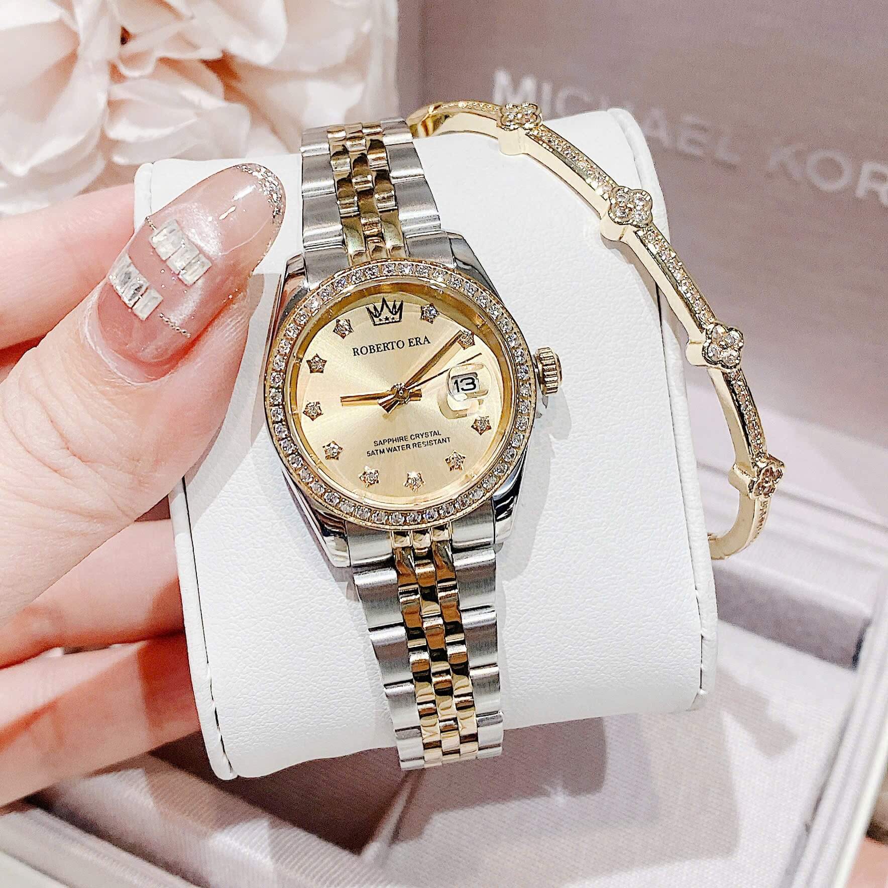 Set Đồng Hồ Nữ Roberto Era Chính Hãng Dây Demi Vàng Mặt Vàng Size 28mm Viền Đính Đá RE1202A Tặng Kèm Vòng Tay