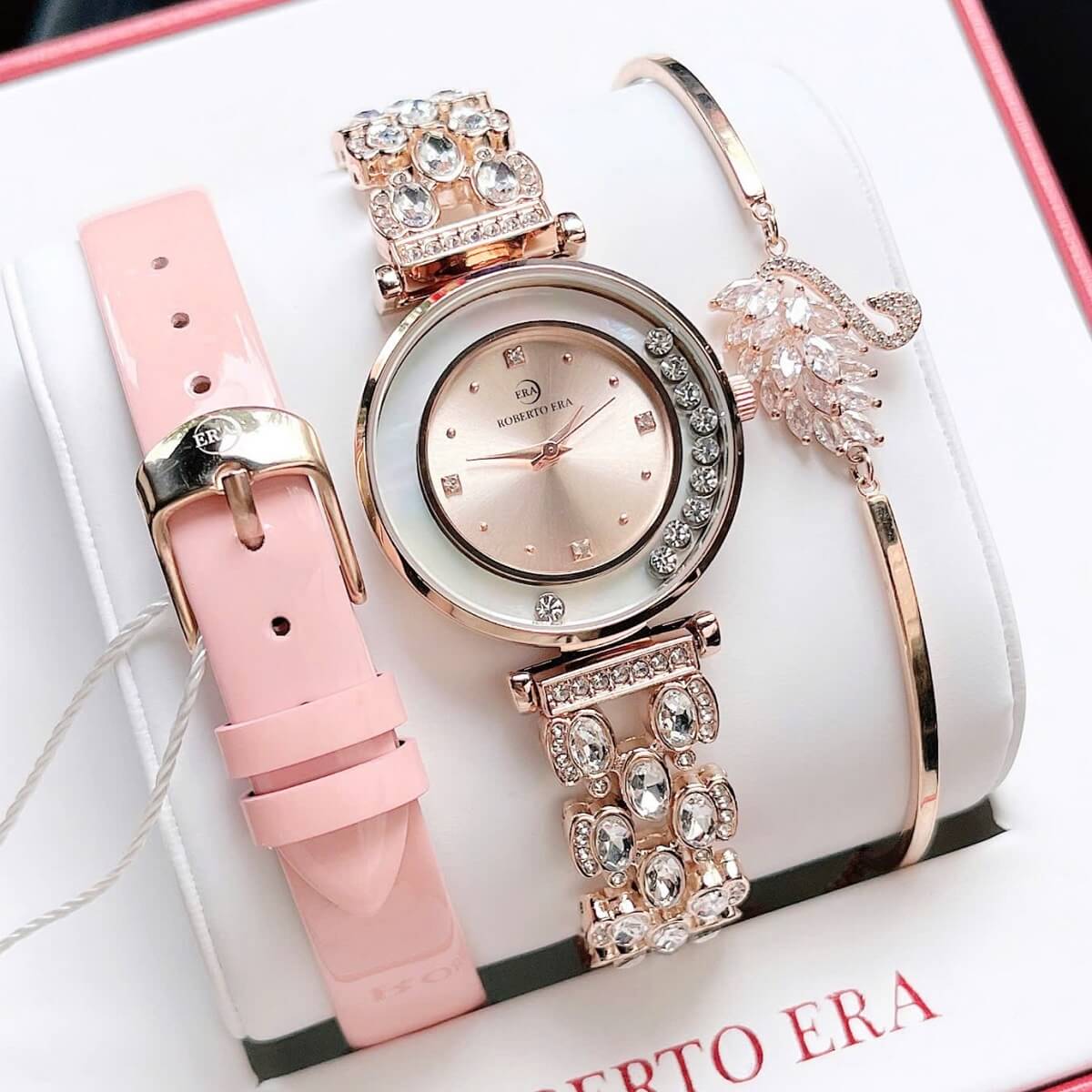 Set Đồng Hồ Nữ Roberto Era Dây Da Hồng Vỏ Vàng Hồng Đá Chảy Size 32mm