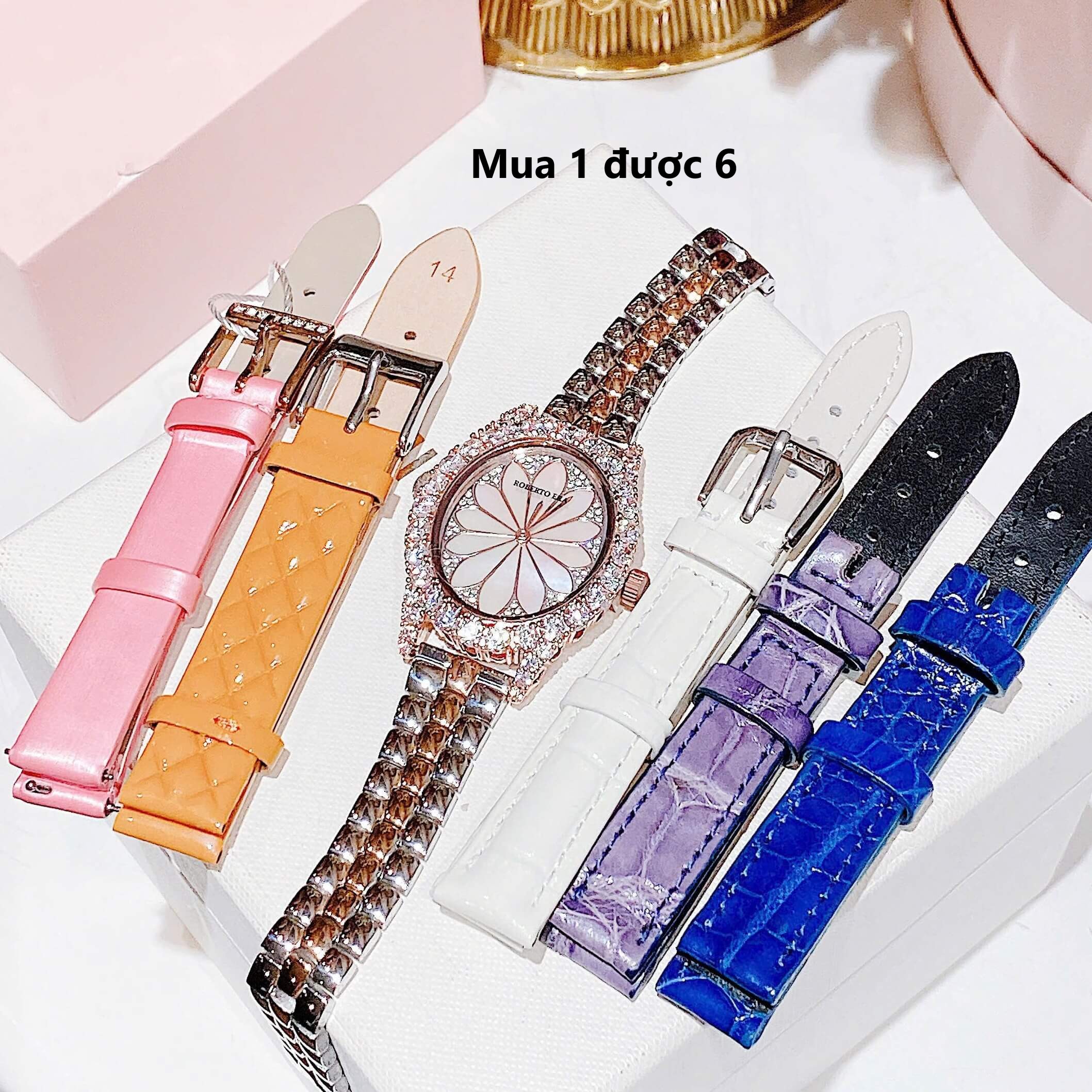 Set Đồng Hồ Nữ Roberto Era Dây Da Lụa Hồng Mặt Oval Họa Tiết 12 Cánh Hoa Size 33mm Viền Đá Rose RE2208 Tặng Kèm Bộ Dây Kim Loại Và 4 Bộ Dây Da