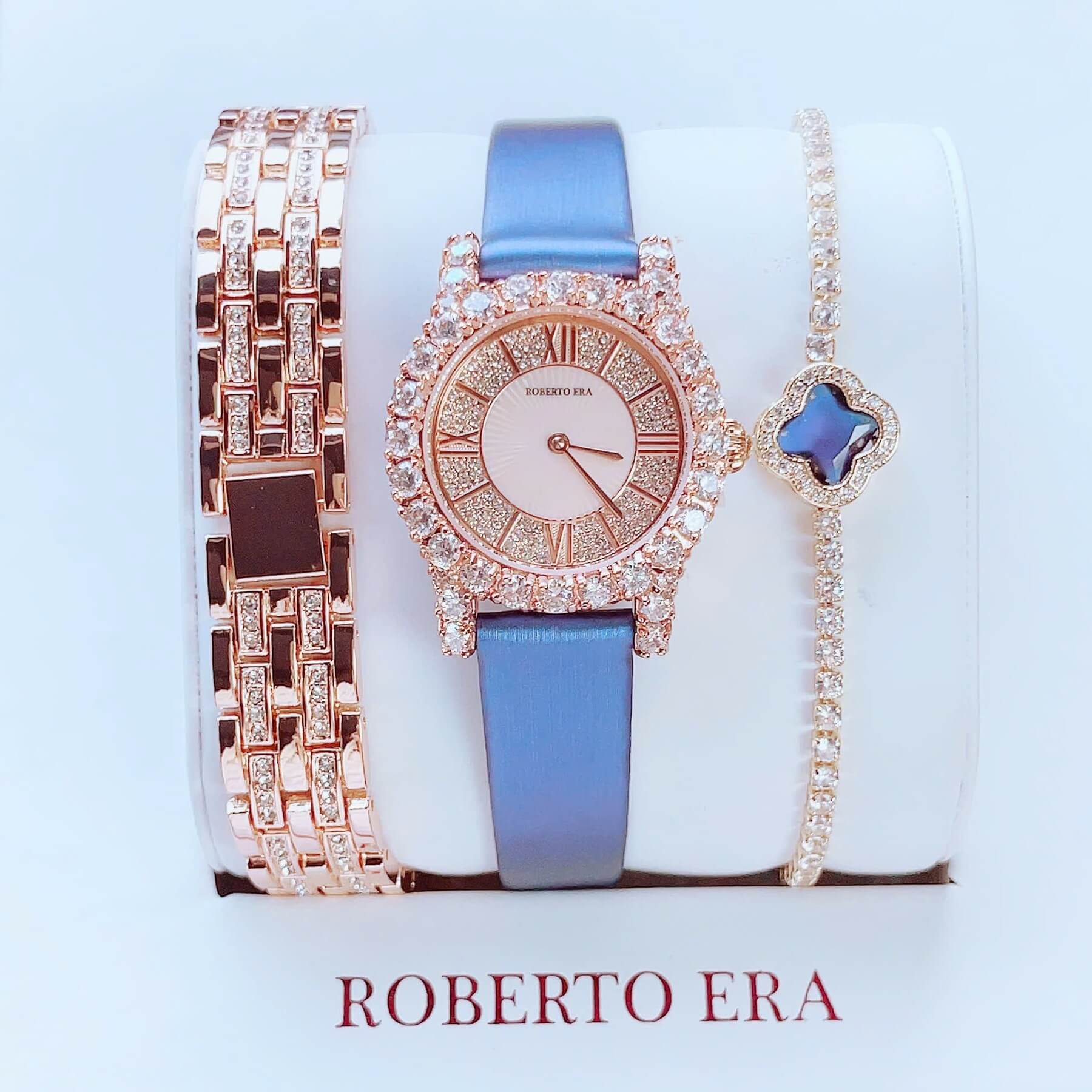 Set Đồng Hồ Nữ Roberto Era Dây Da Xanh Đính Đá Rose Size 32mm RE8349 Tặng Kèm Bộ Dây Kim Loại Và Vòng Tay