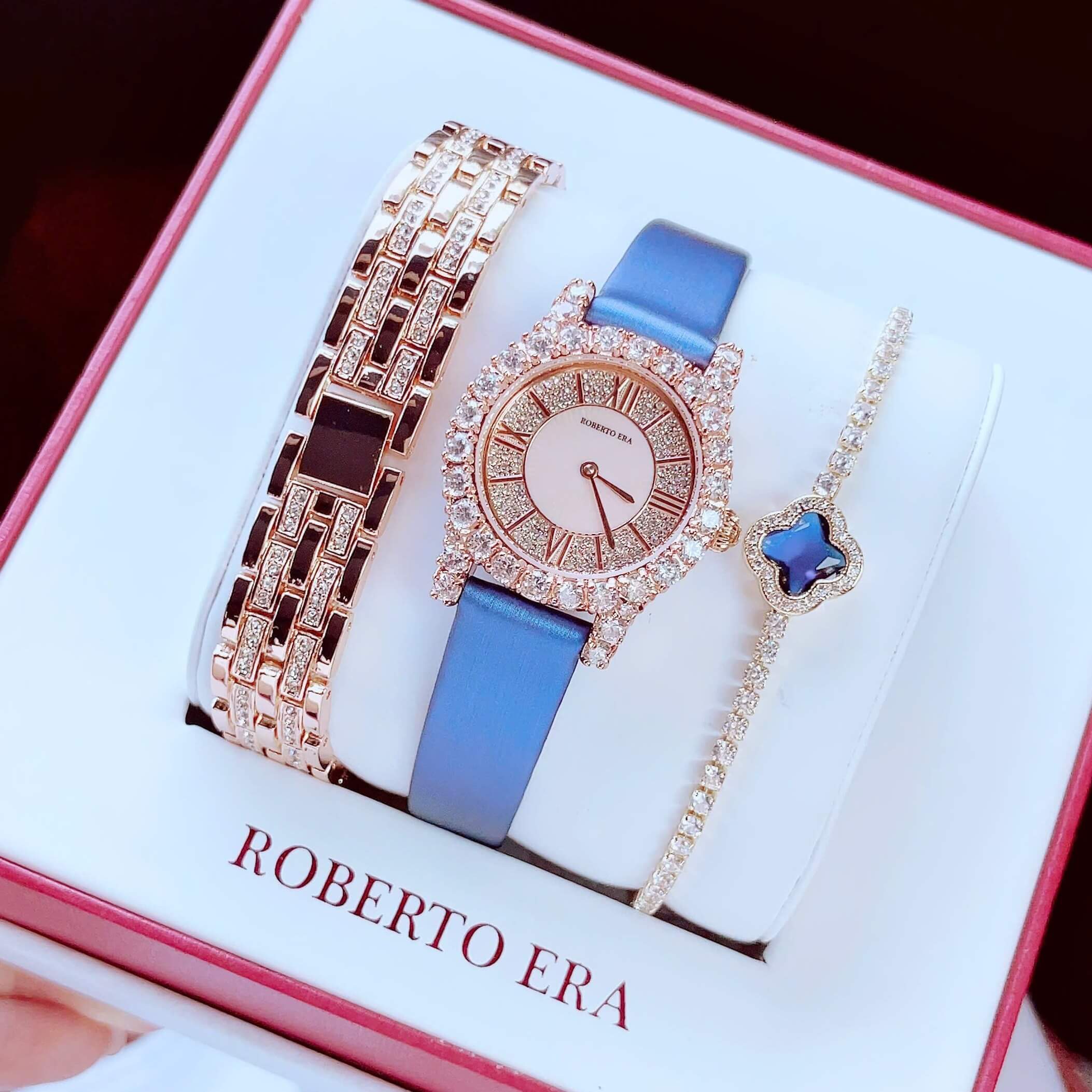 Set Đồng Hồ Nữ Roberto Era Dây Da Xanh Đính Đá Rose Size 32mm RE8349 Tặng Kèm Bộ Dây Kim Loại Và Vòng Tay