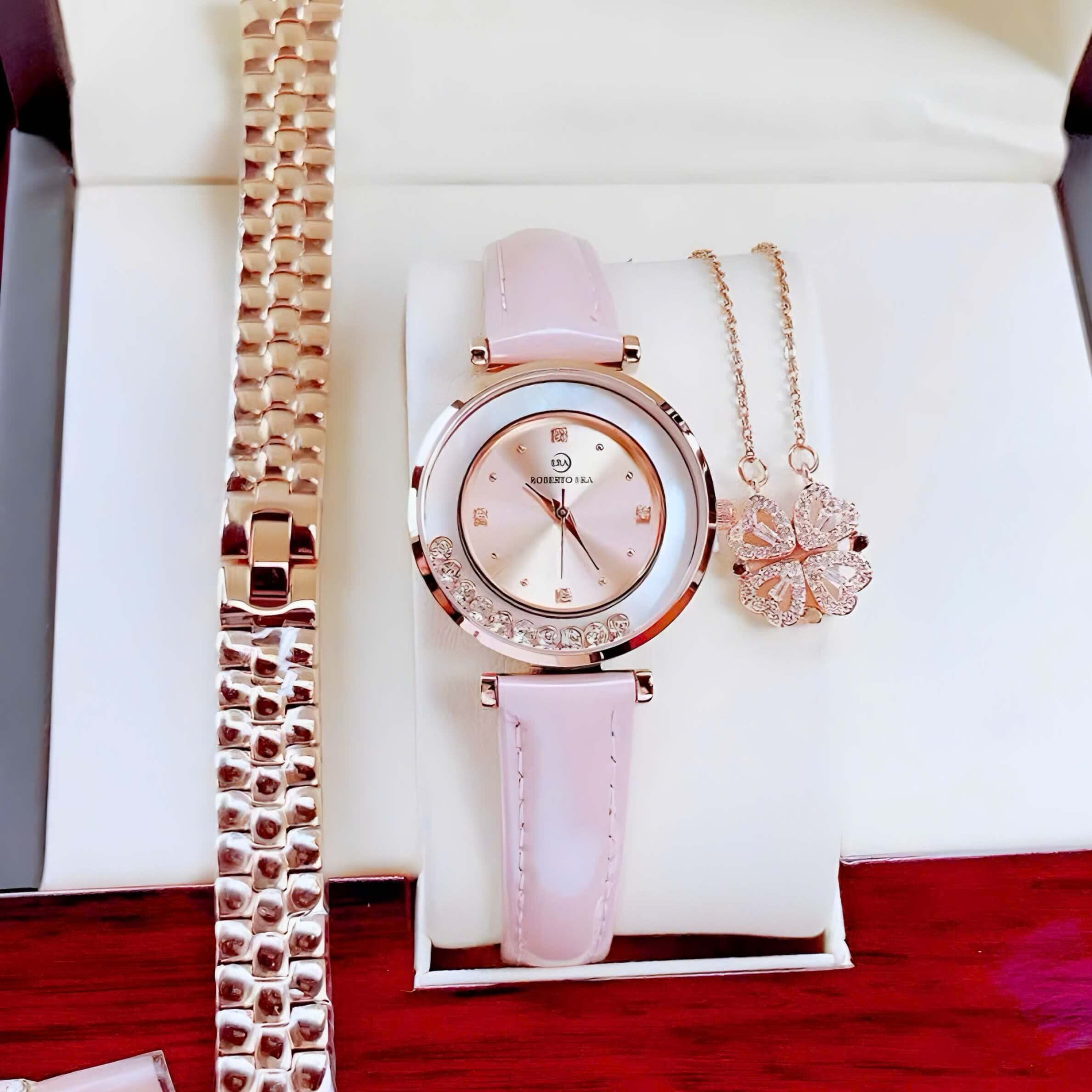 Set Đồng Hồ Nữ Roberto Era RE0843 Dây Da Hồng Size 32mm Kèm Bộ Dây Kim Loại Vàng Hồng Và Dây Chuyền