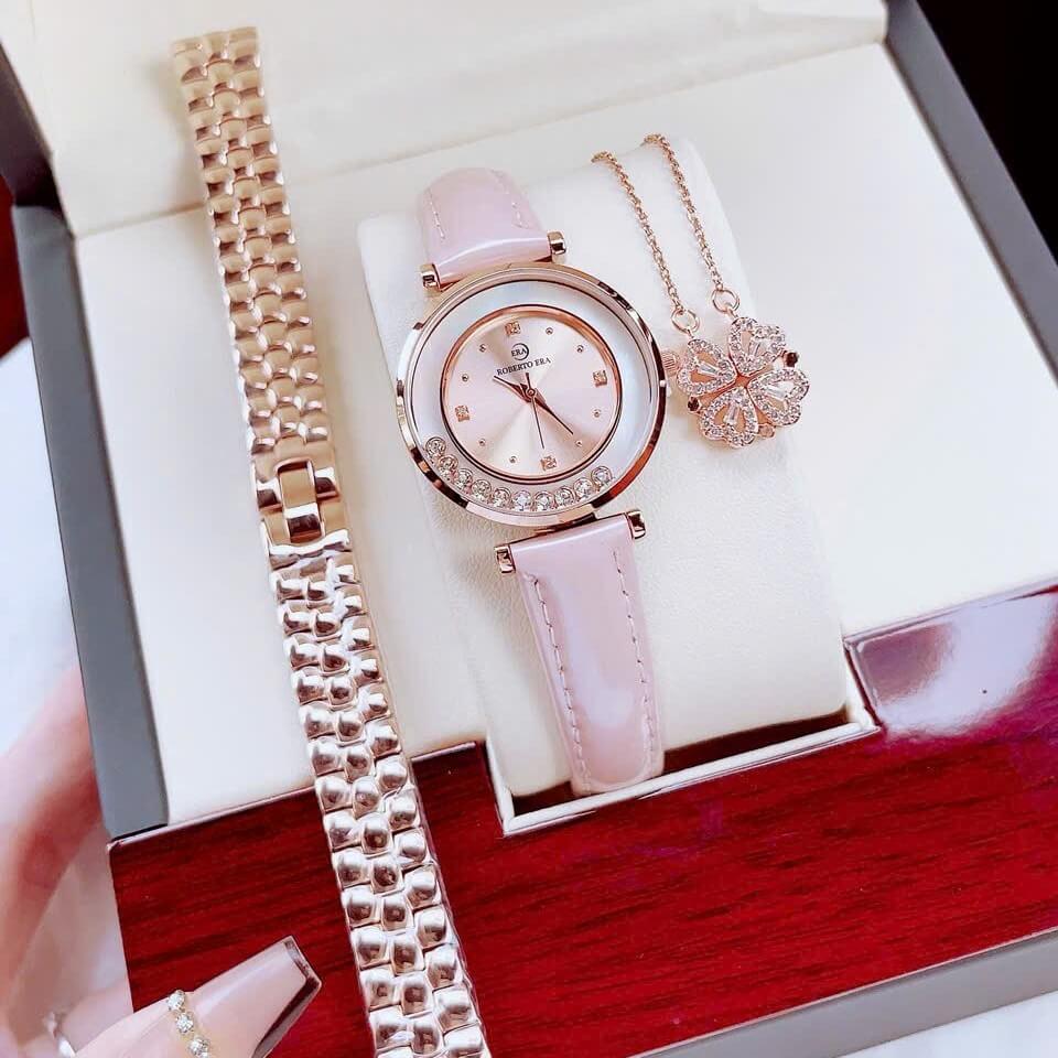Set Đồng Hồ Nữ Roberto Era RE0843 Dây Da Hồng Size 32mm Kèm Bộ Dây Kim Loại Vàng Hồng Và Dây Chuyền