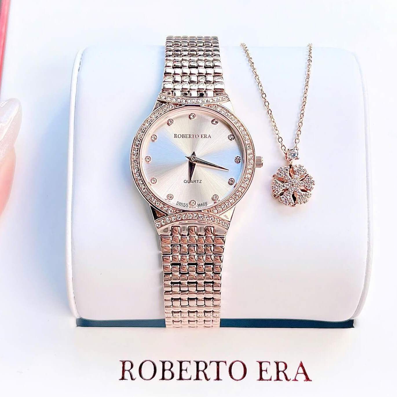 Set Đồng Hồ Nữ Roberto Era RE2900 Dây Kim Loại Demi Vàng Hồng Mặt Trắng Size 28mm Kèm Lắc Tay