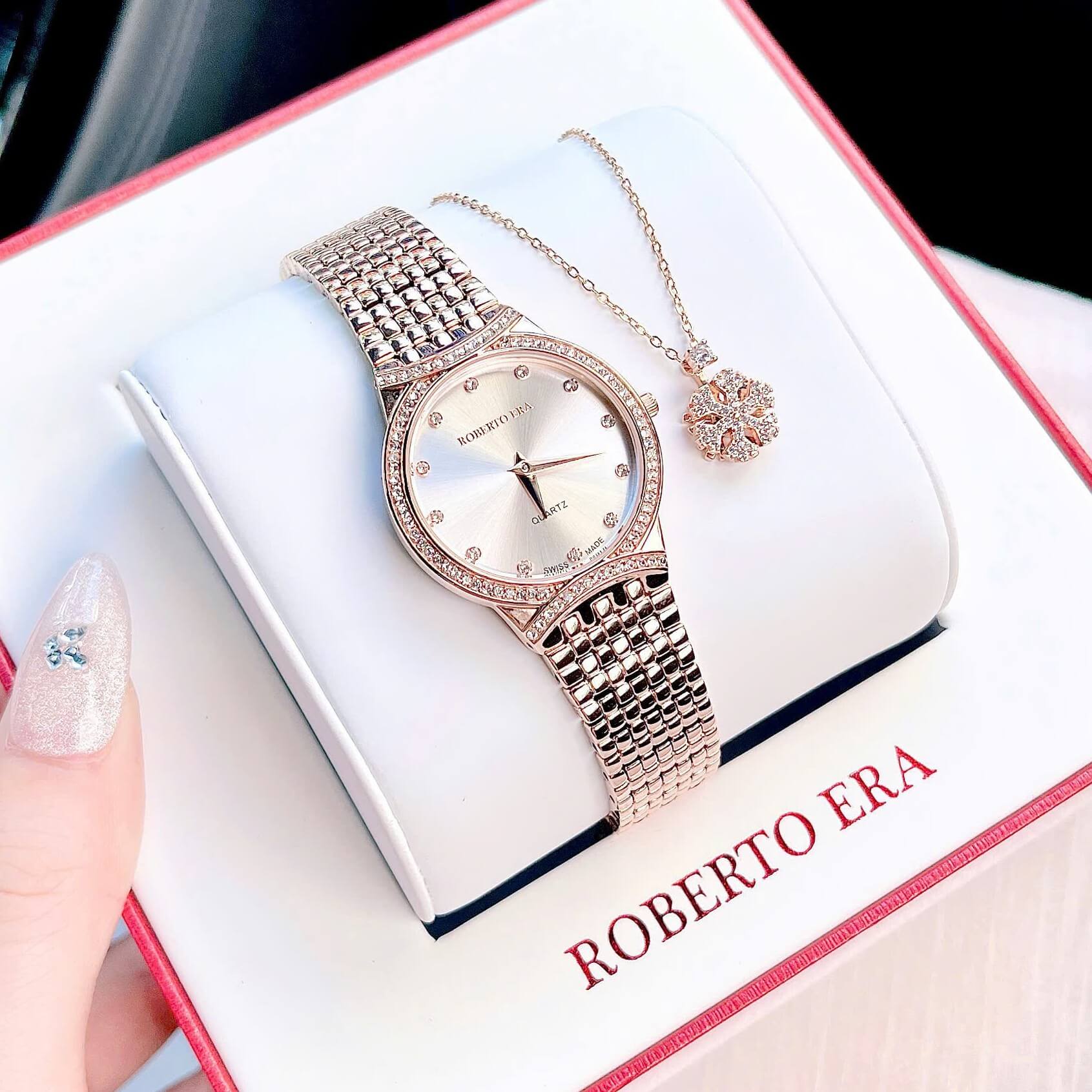 Set Đồng Hồ Nữ Roberto Era RE2900 Dây Kim Loại Demi Vàng Hồng Mặt Trắng Size 28mm Kèm Lắc Tay