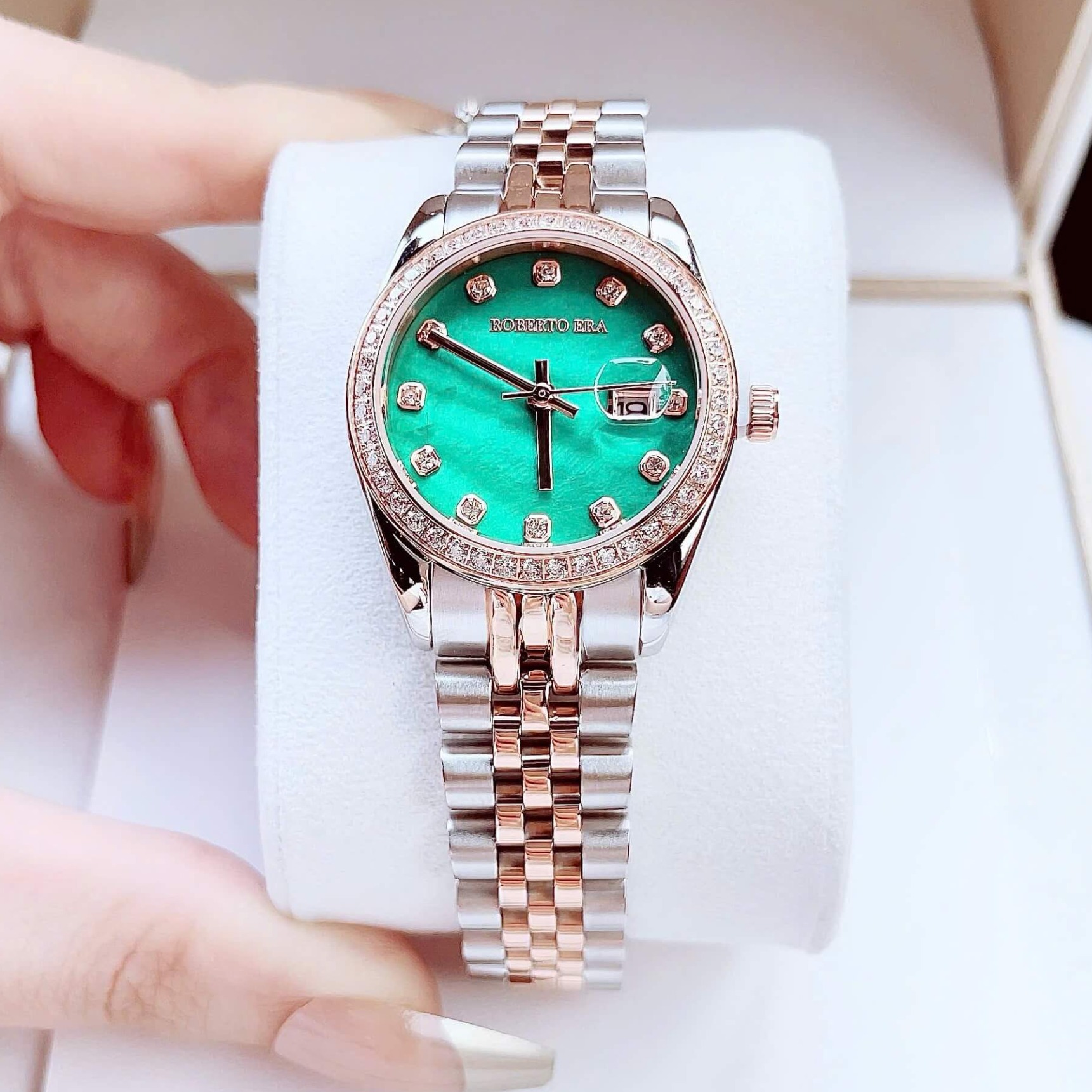 Đồng Hồ Nữ Roberto Era RE5670 Dây Demi Vàng Hồng Mặt Xà Cừ Xanh Lá Đính Đá Size 31mm