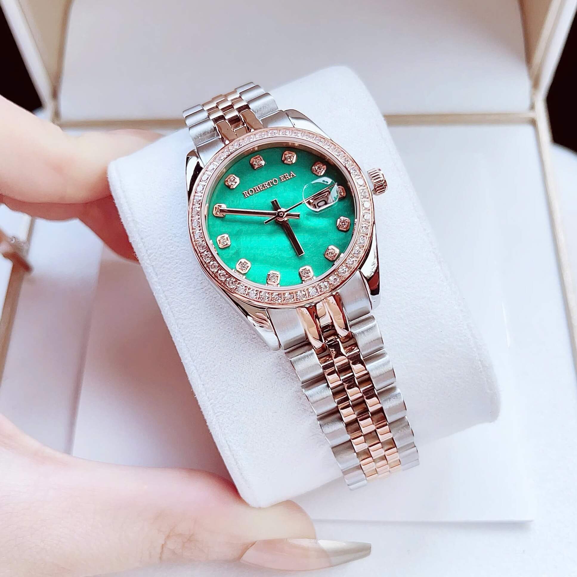 Đồng Hồ Nữ Roberto Era RE5670 Dây Demi Vàng Hồng Mặt Xà Cừ Xanh Lá Đính Đá Size 31mm