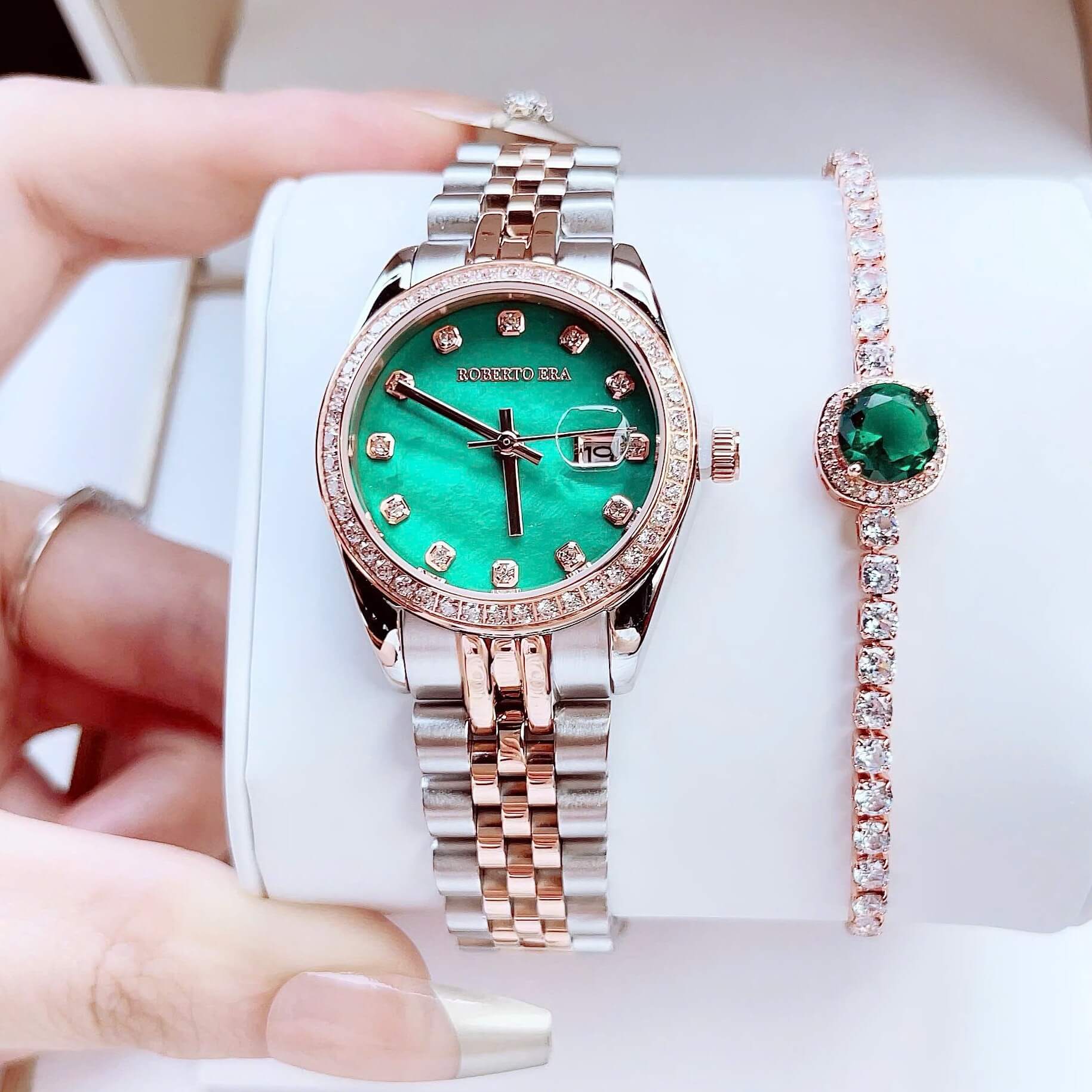 Set Đồng Hồ Nữ Roberto Era RE5670 Demi Vàng Hồng Mặt Xà Cừ Xanh Lá Size 31mm - Kèm phụ kiện