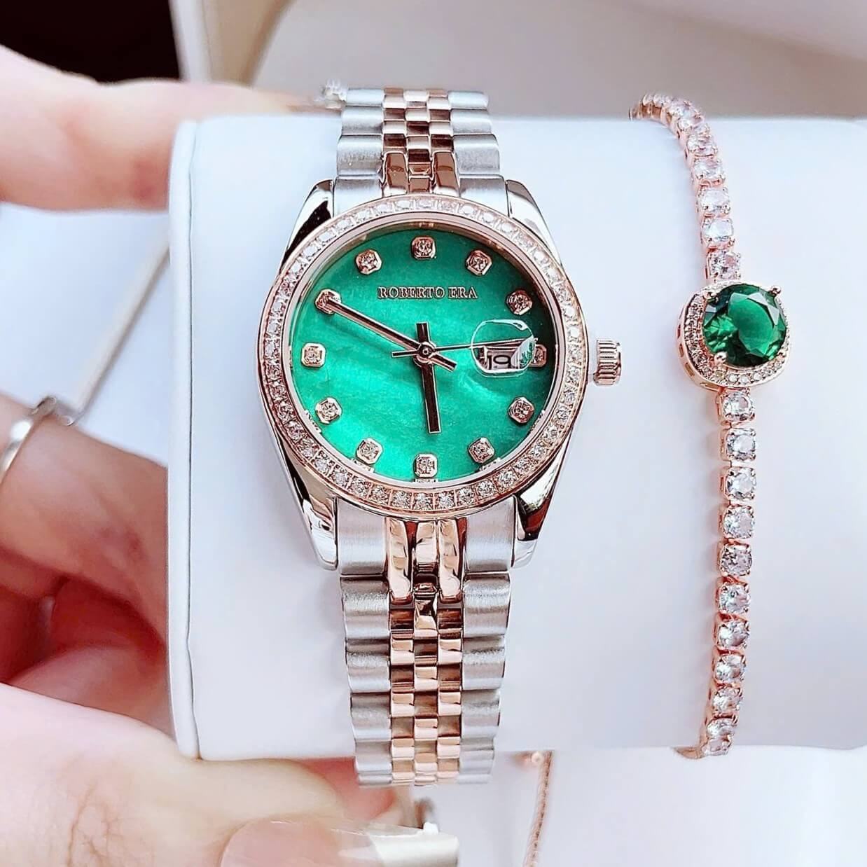 Set Đồng Hồ Nữ Roberto Era RE5670 Demi Vàng Hồng Mặt Xà Cừ Xanh Lá Size 31mm - Kèm phụ kiện