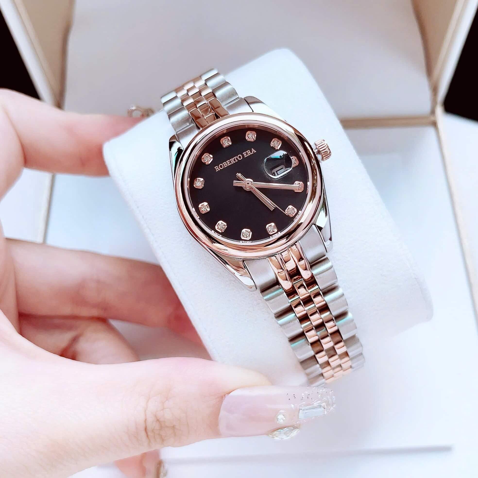 Set Đồng Hồ Nữ Roberto Era RE5683 Dây Demi Rose Mặt Đen Size 31mm Kèm Lắc Tay