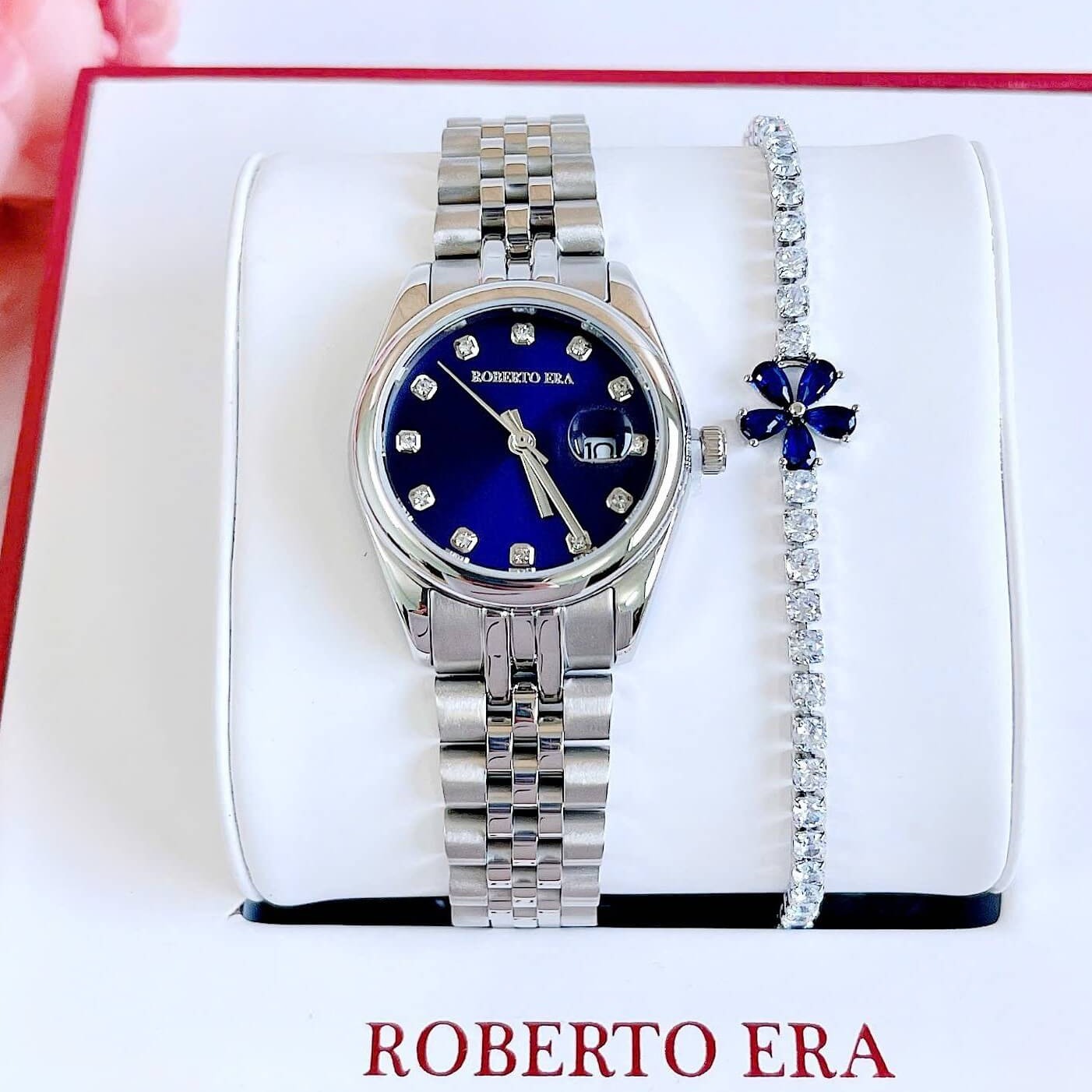 Set Đồng Hồ Nữ Roberto Era RE5684 Dây Thép Silver Mặt Xanh Size 31mm Kèm Lắc Tay