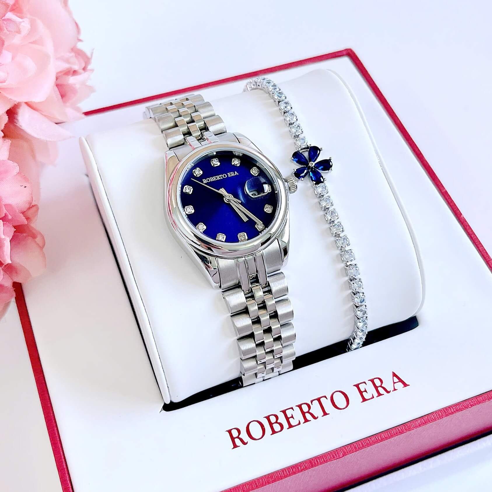 Set Đồng Hồ Nữ Roberto Era RE5684 Dây Thép Silver Mặt Xanh Size 31mm Kèm Lắc Tay