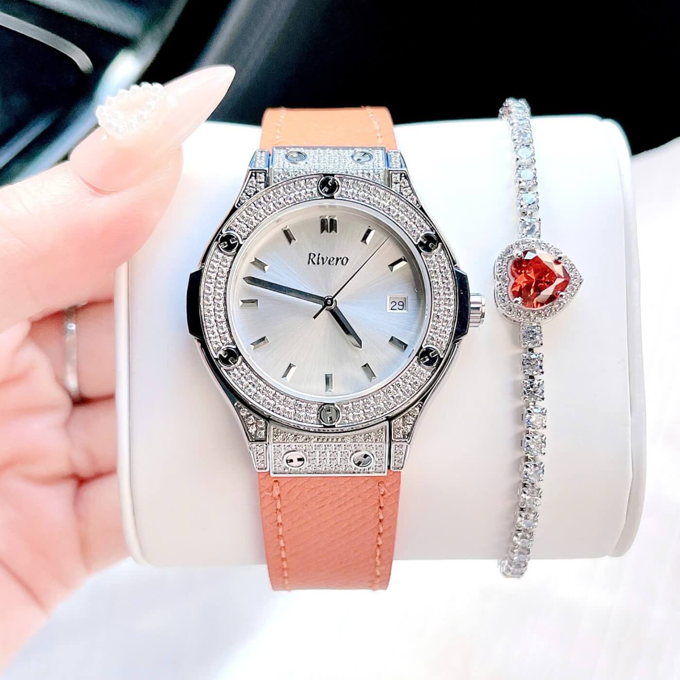 Set đồng hồ Rivero nữ chính hãng, Rivero R9009 dây da cam kèm bộ dây da trắng ngà size 34mm