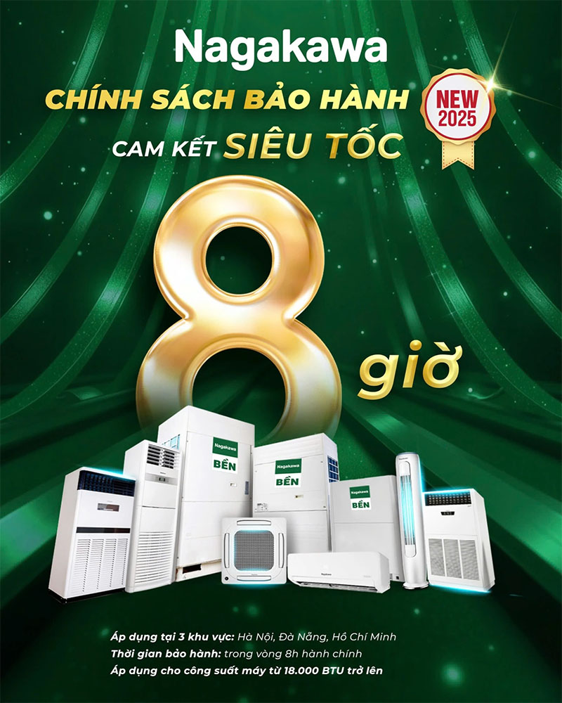 Điều hòa Nagakawa được áp dụng chính sách bảo hành 2 năm và xử lý yêu cầu bảo hành chỉ trong vòng 8h