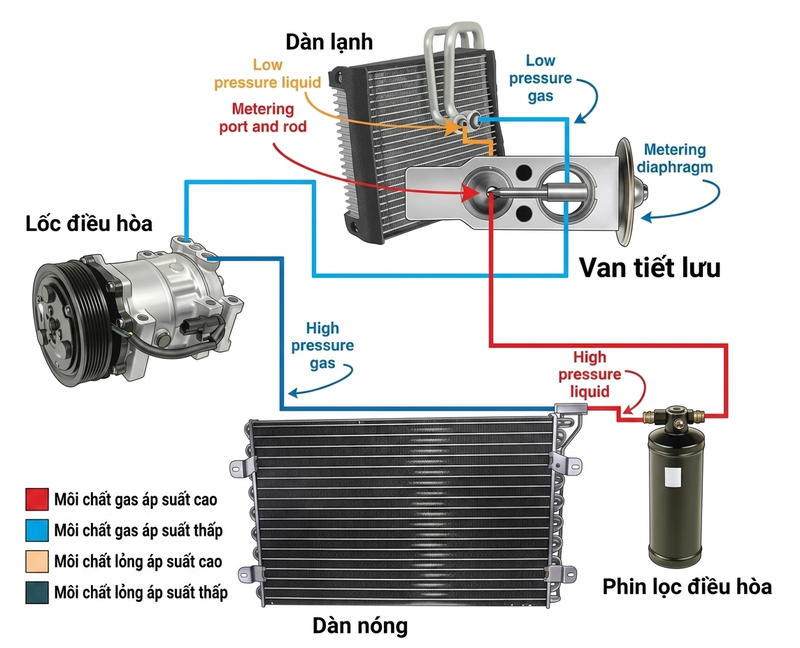Bên trong dàn lạnh có dàn trao đổi nhiệt và van tiết lưu điện từ