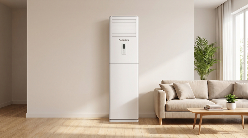 Dàn lạnh Nagakawa NP-C50R1K58+ với thiết kế tủ đứng gọn gàng, tích hợp màn hình LED hiển thị nhiệt độ