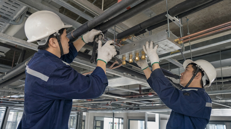 Kỹ thuật viên thi công hệ thống ống gas và bộ chia gas của điều hòa trung tâm trên trần kỹ thuật.