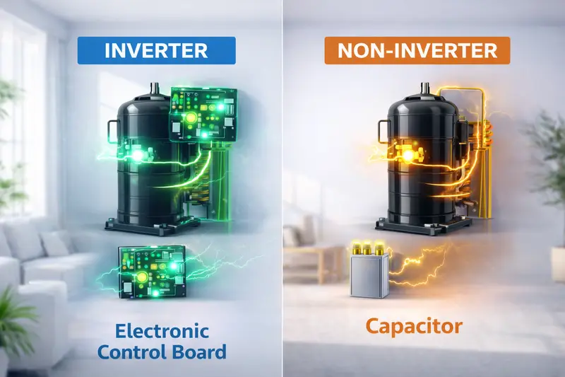 Inverter điều khiển bằng bo mạch điện tử, còn máy thường hoạt động nhờ tụ điện.
