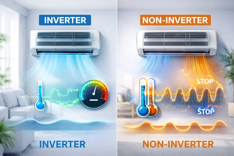 Inverter duy trì nhiệt độ ổn định bằng cách giảm công suất, trong khi máy thường liên tục bật/tắt.