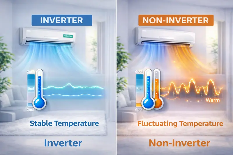 Inverter giữ nhiệt độ ổn định hơn, còn máy thường có độ dao động nhiệt rõ rệt.