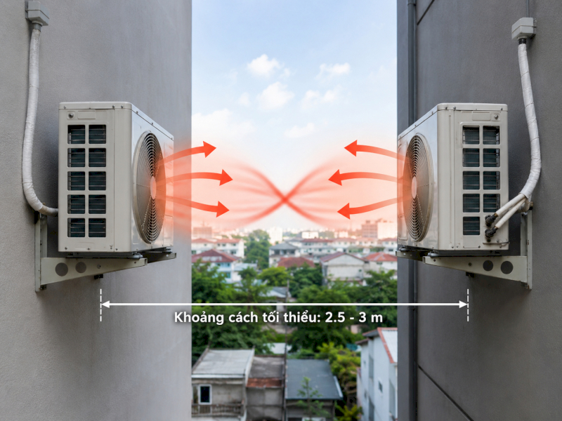 Cục nóng đối diện cần cách nhau tối thiểu 2.5 mét